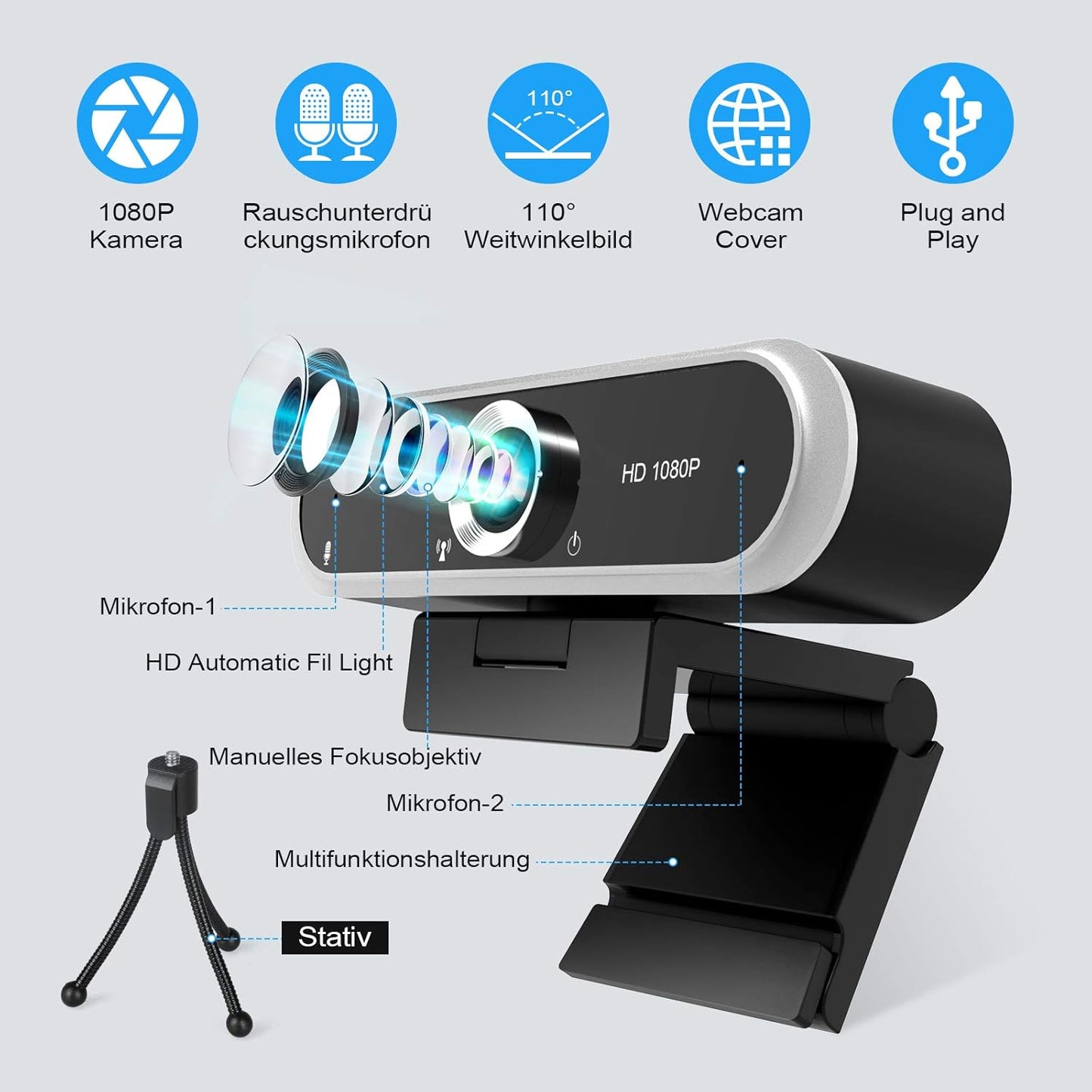 Webcam 1080P mit Mikrofon und Abdeckung, 1080P WEBCAM