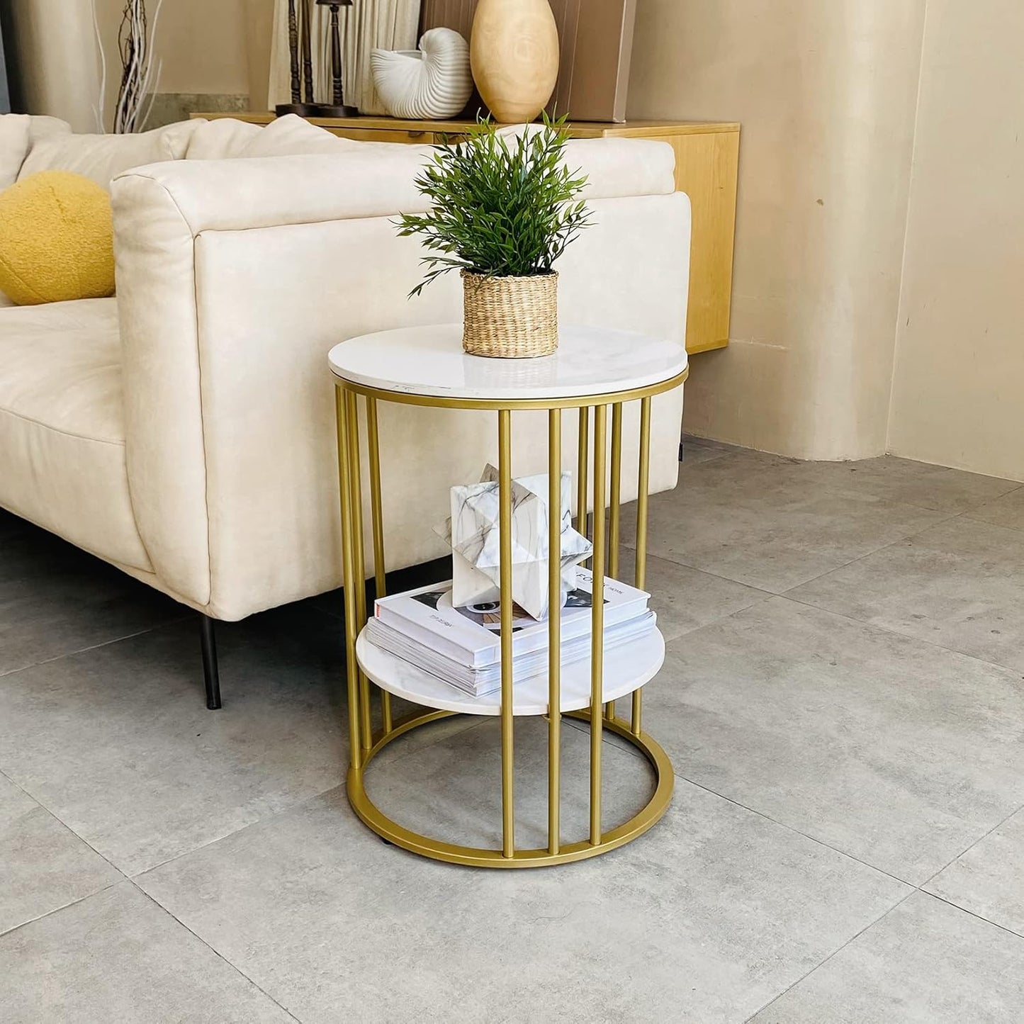 Couchtisch mit 2 Ablagen, rund 40×54cm, Gold