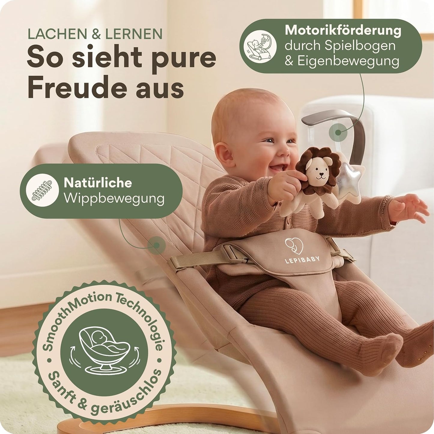 Babywippe Faltbar & Verstellbar mit Spielbogen, Beige