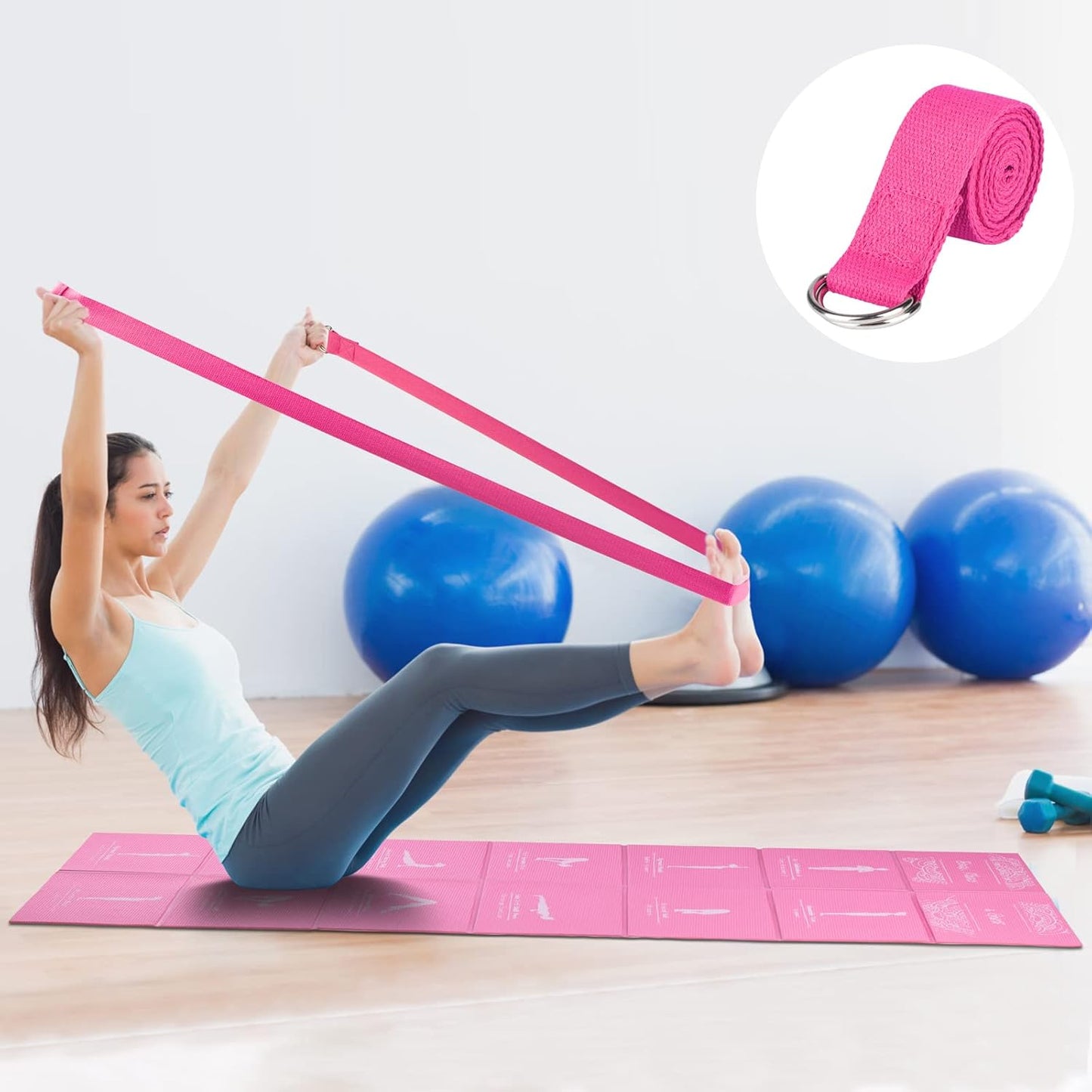Faltbare Yogamatte mit Stretchband, Rosa