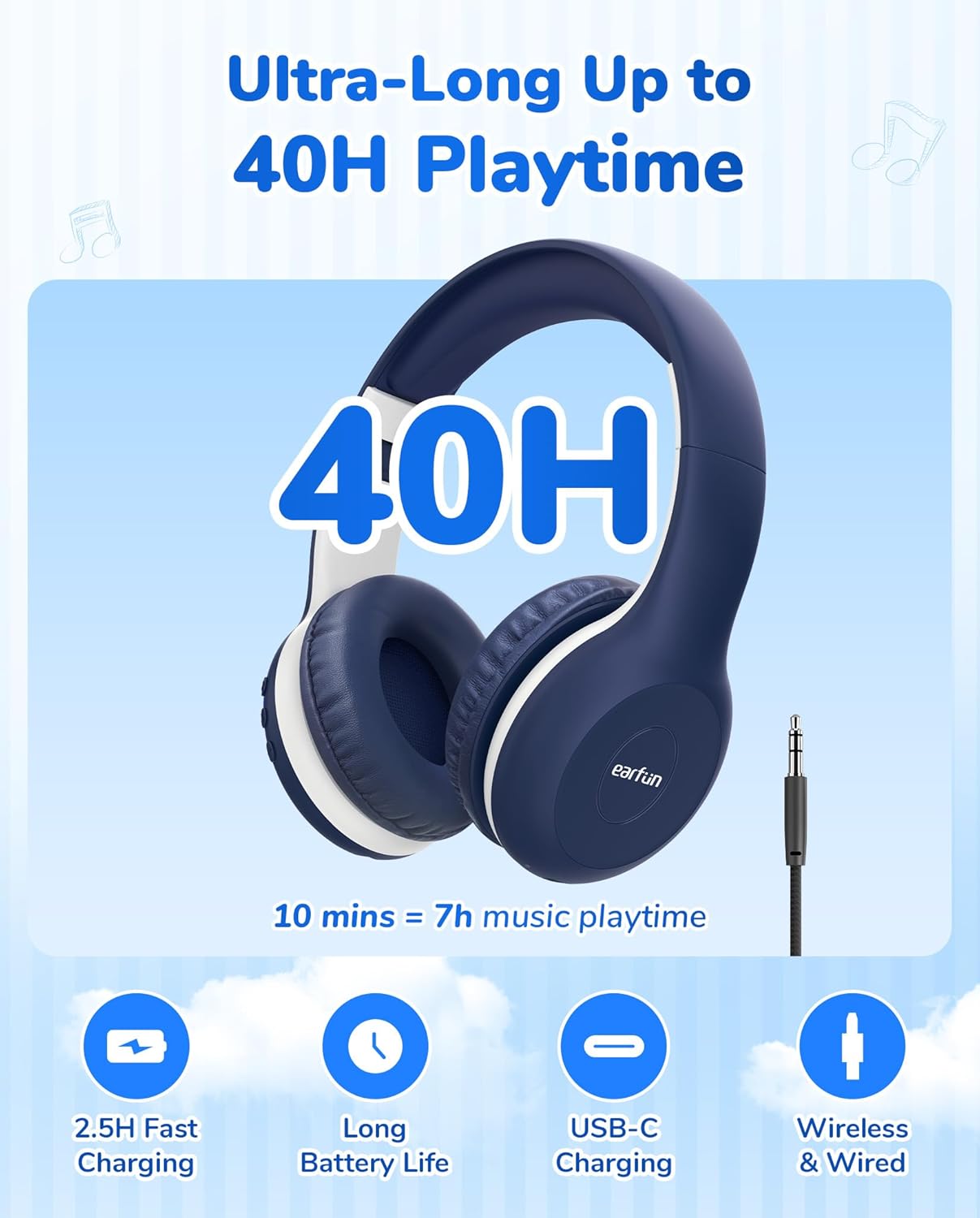Bluetooth Kopfhörer für Kinder, faltbar, 85/94dBA Marineblau