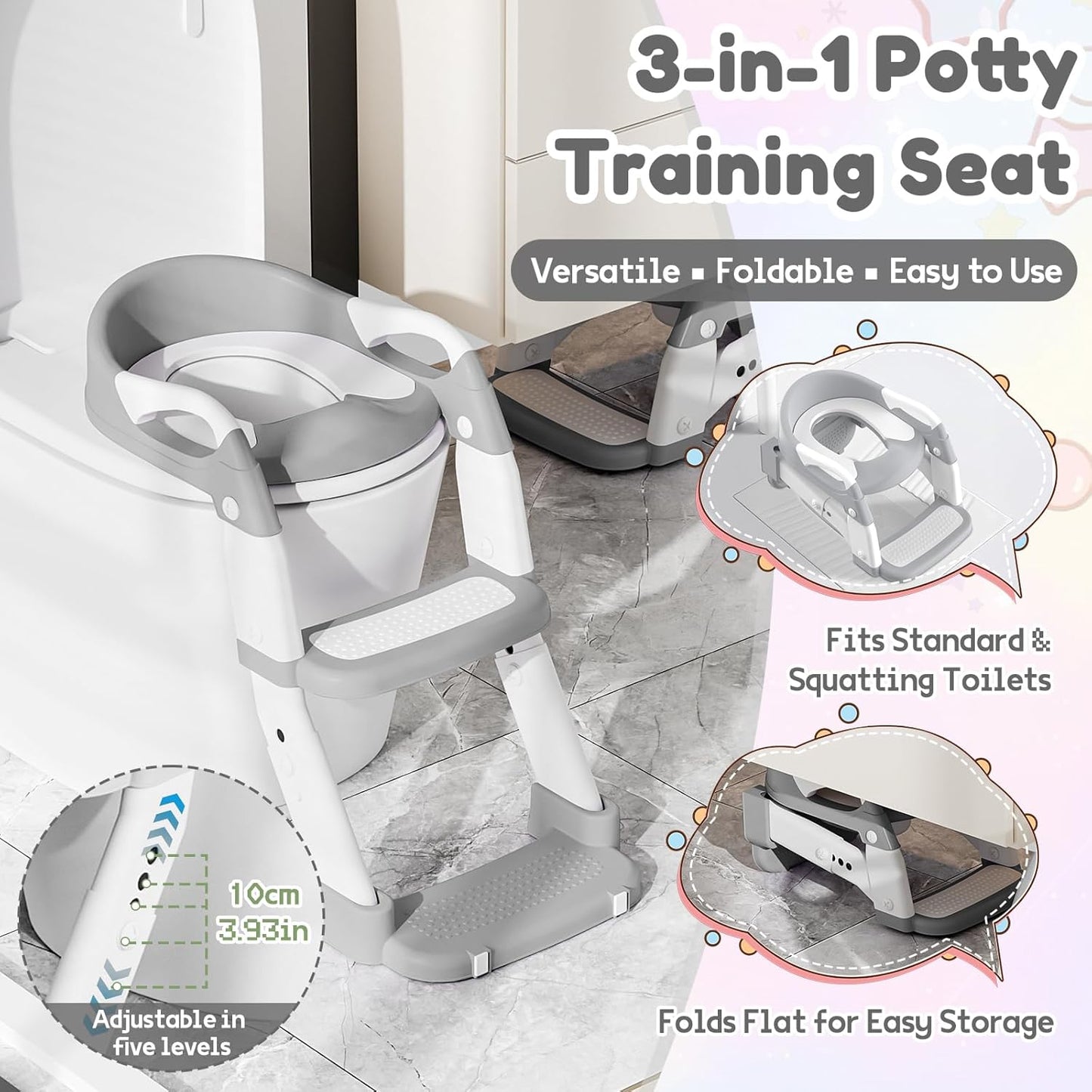 3-in-1 Kindertoilettensitz mit Treppe, Grau