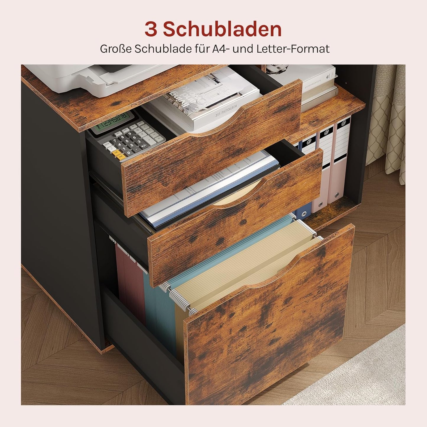 Rollcontainer mit Schubladen und Hängeregistratur, Rustikales Braun