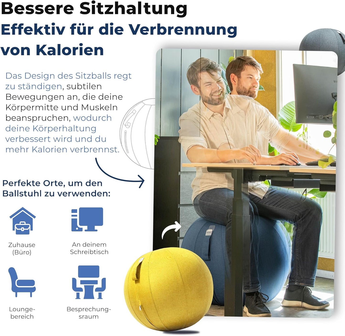 Ergonomischer Sitzball fürs Büro (65 cm), 65 cm Gelb