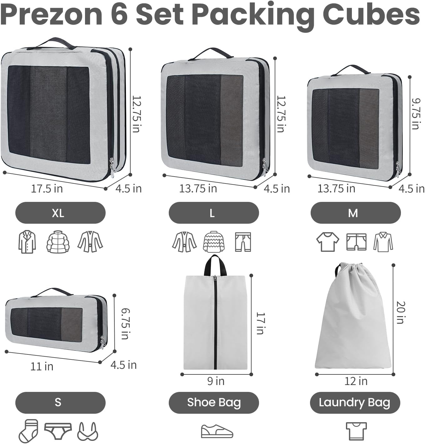 6-teiliges Kompressions-Packwürfel-Set, Grau 6 Set