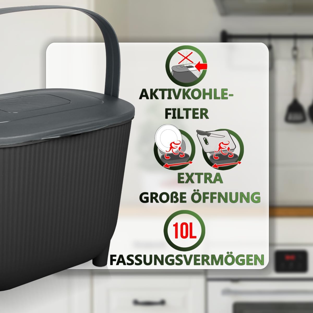 Komposteimer 10L mit Aktivkohlefilter, Schwarz/Dunkelgrau