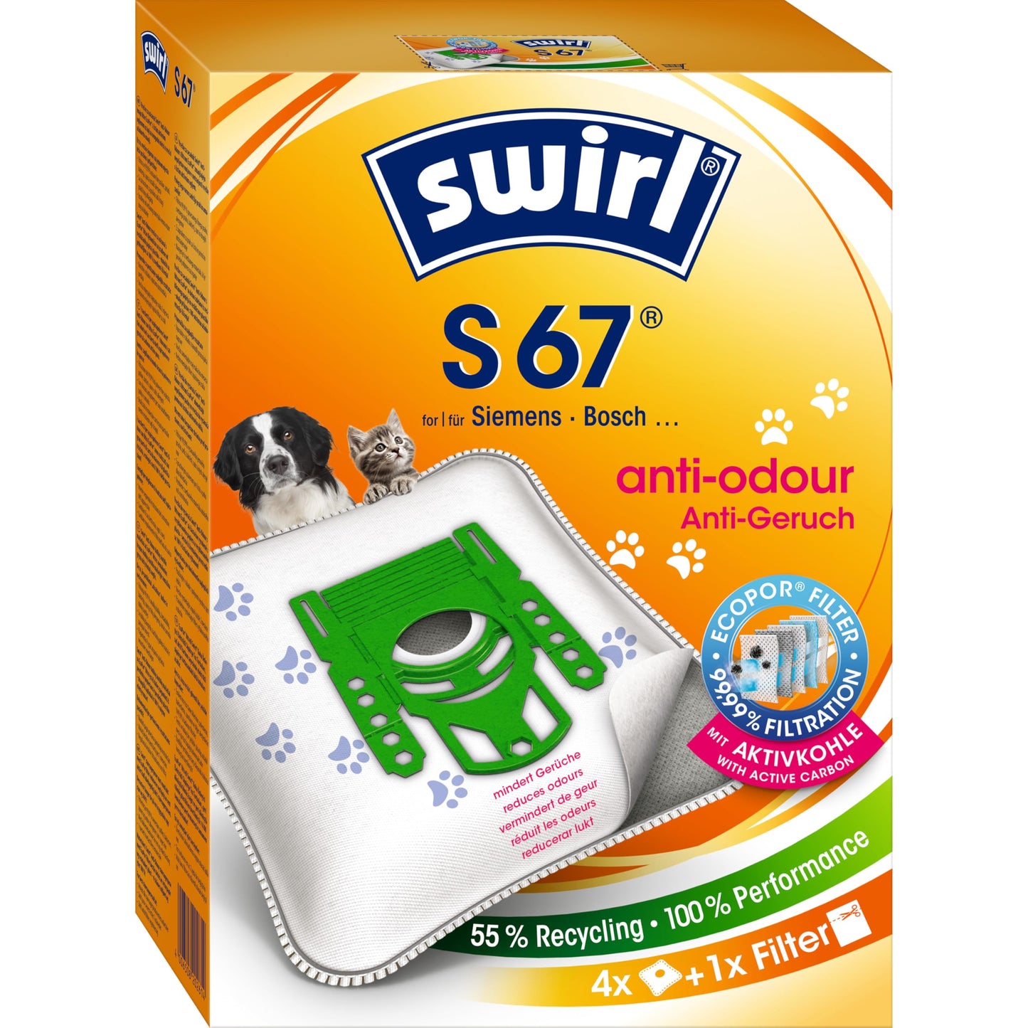 S 67 EcoPor Anti-Geruch Staubsaugerbeutel, 4 Stück