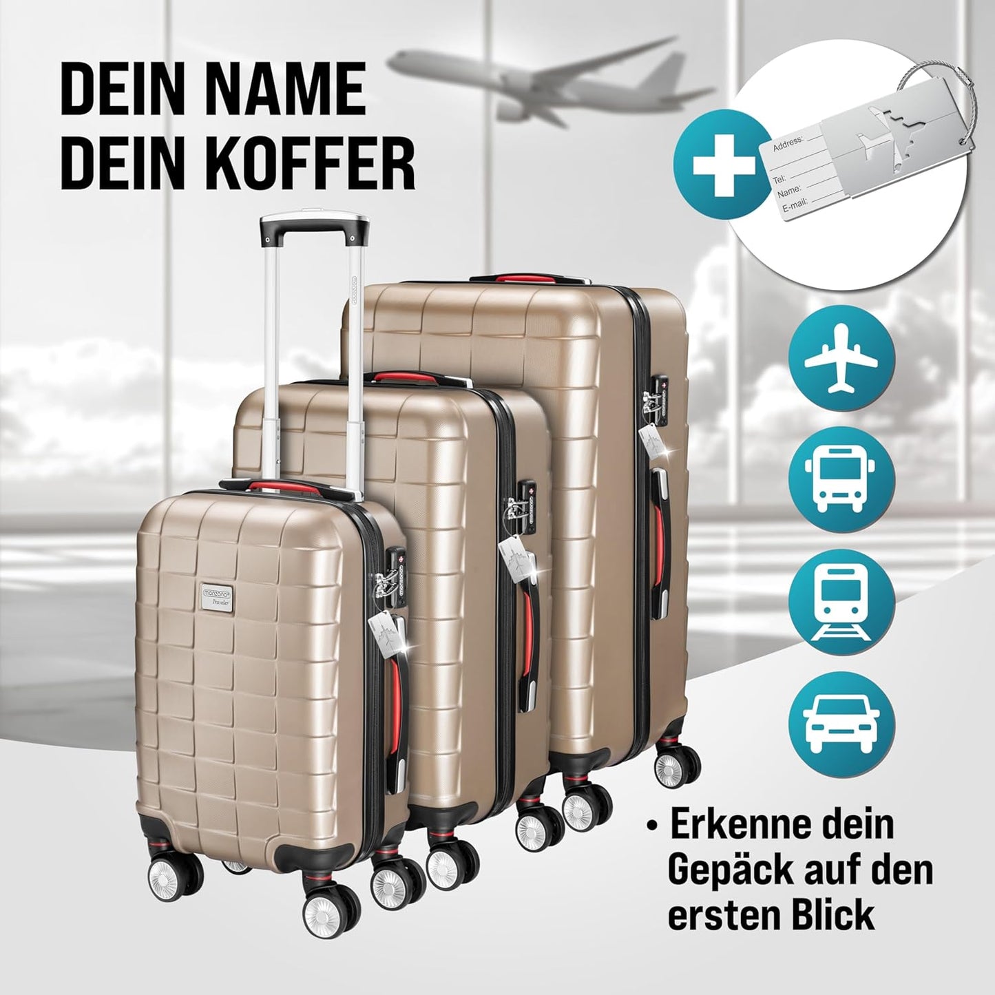 3-teiliges Kofferset mit TSA Schloss, Organizer und Kofferwaage, Champagner