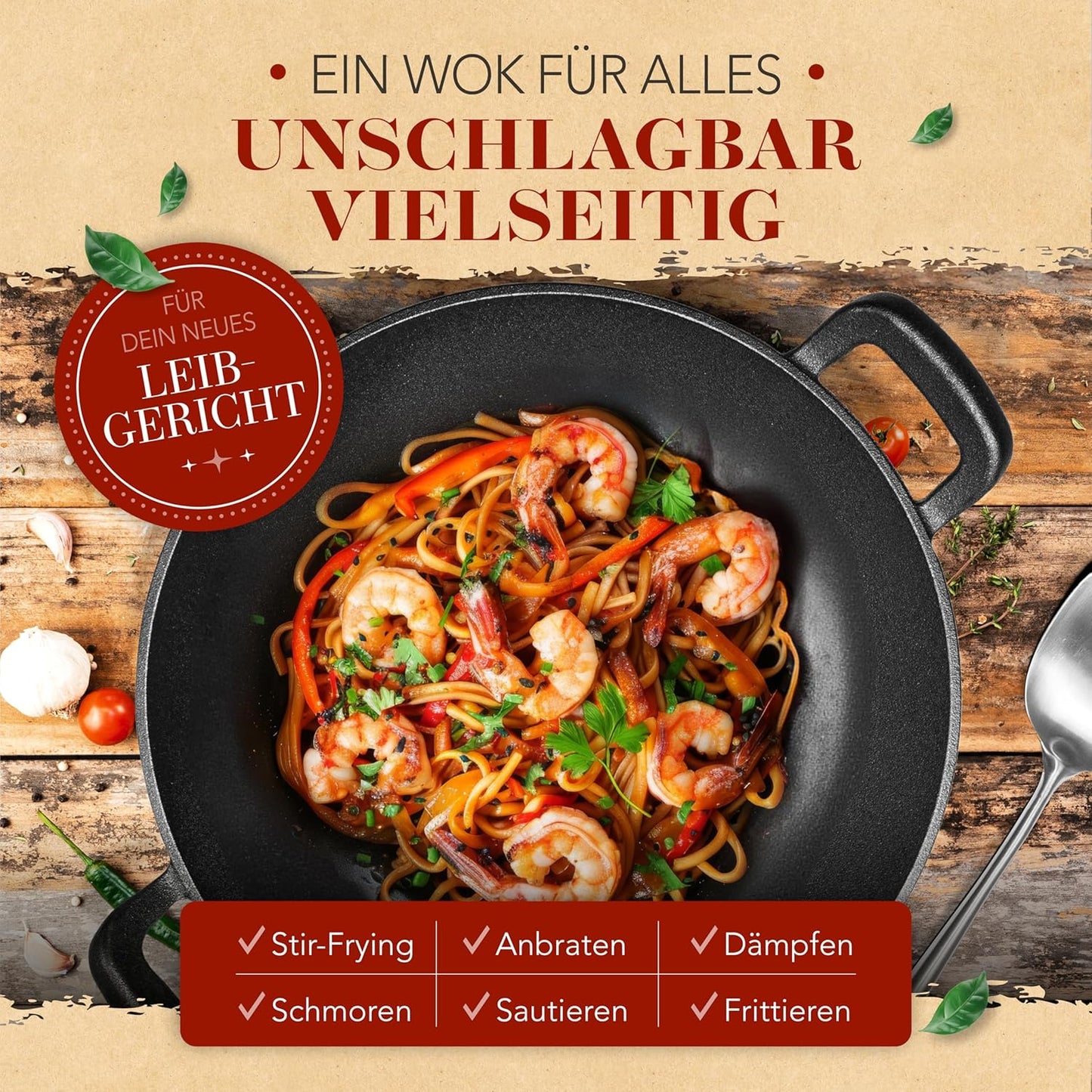 Wokpfanne mit Wokkelle, Induktionsgeeignet, 36cm Gusseisen