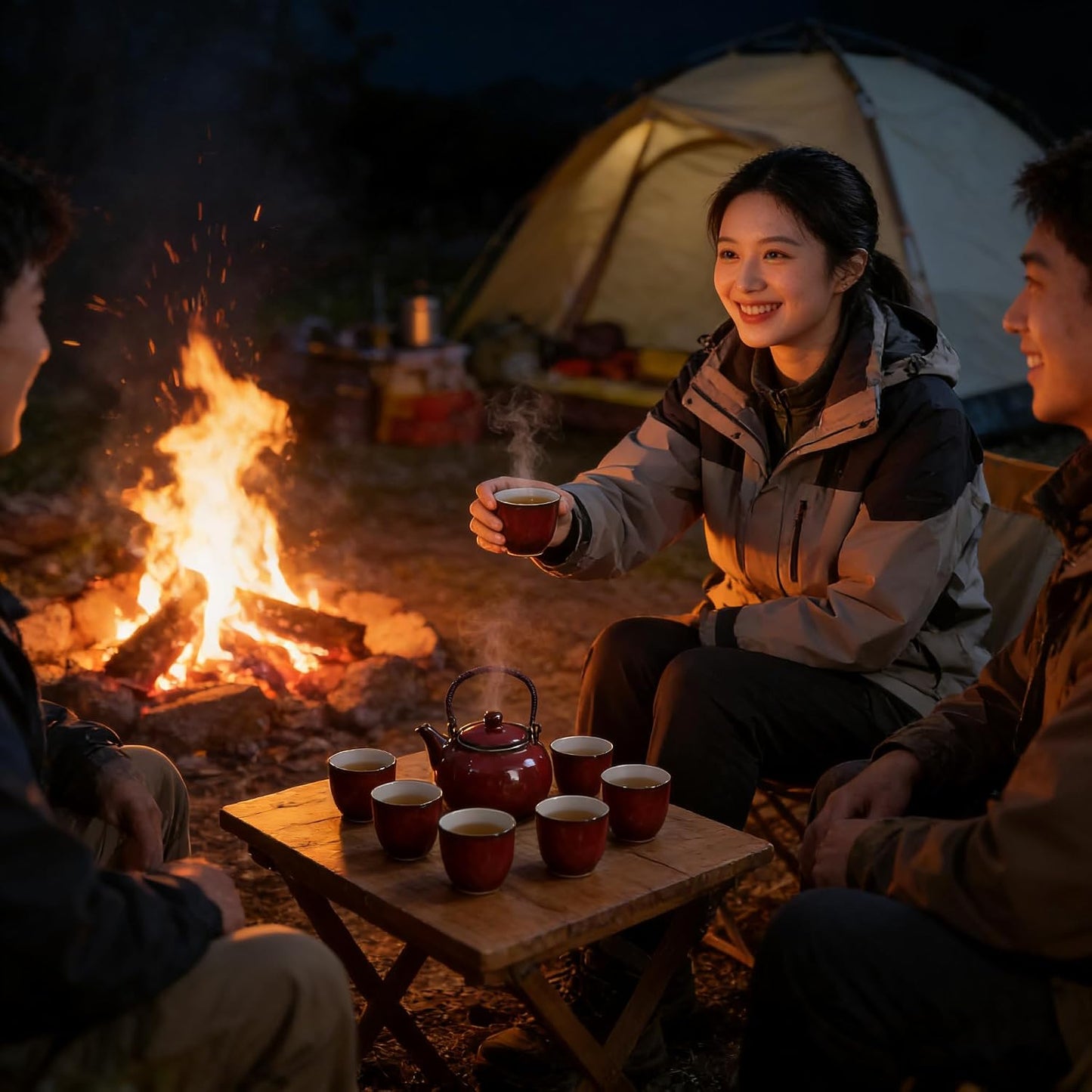 Chinesische Teeservice mit Teekanne und Tassen, Rot