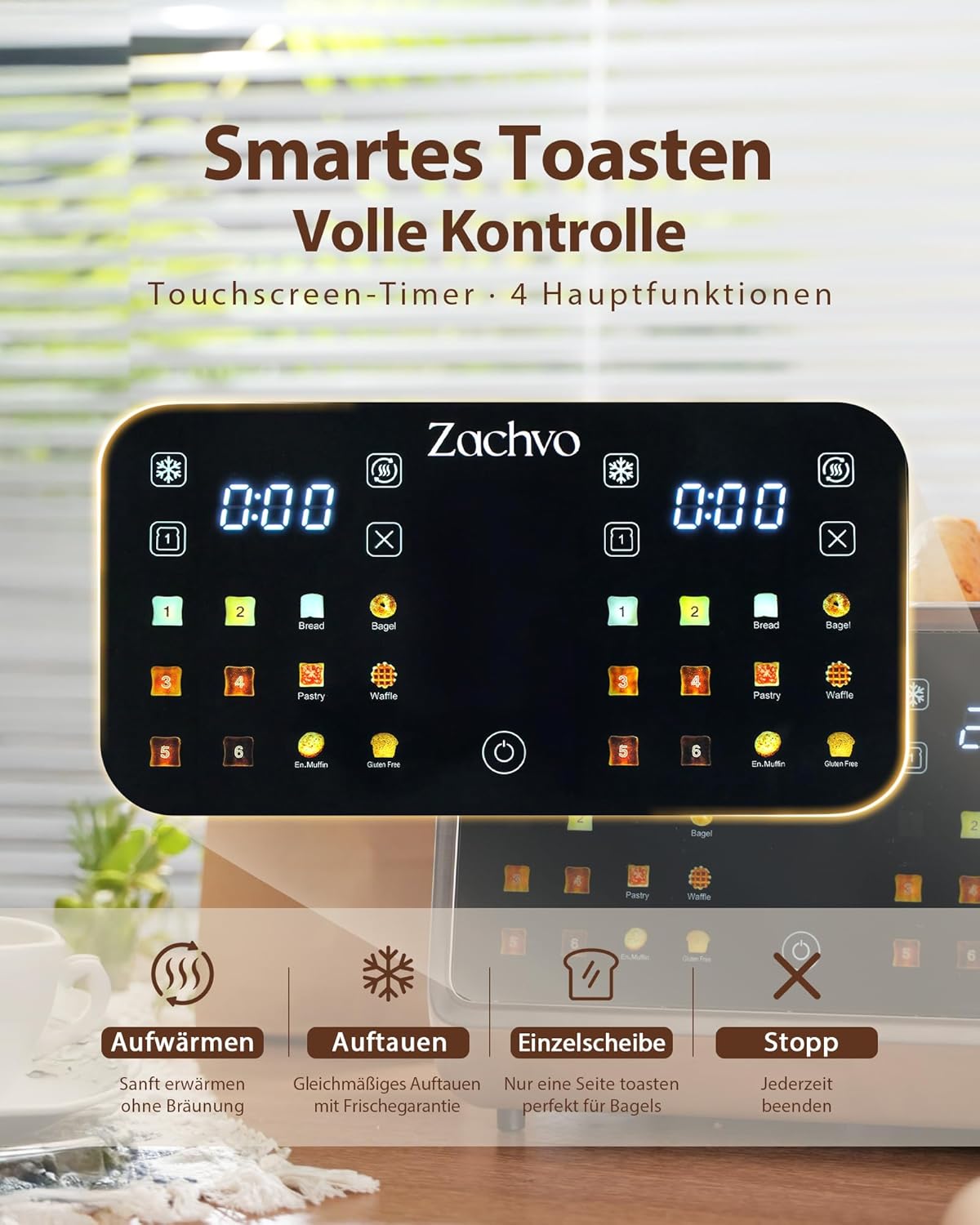 Edelstahl-Toaster mit Touchscreen & LED Countdown, Silber Sandwichhalter & Brötchenaufsatz