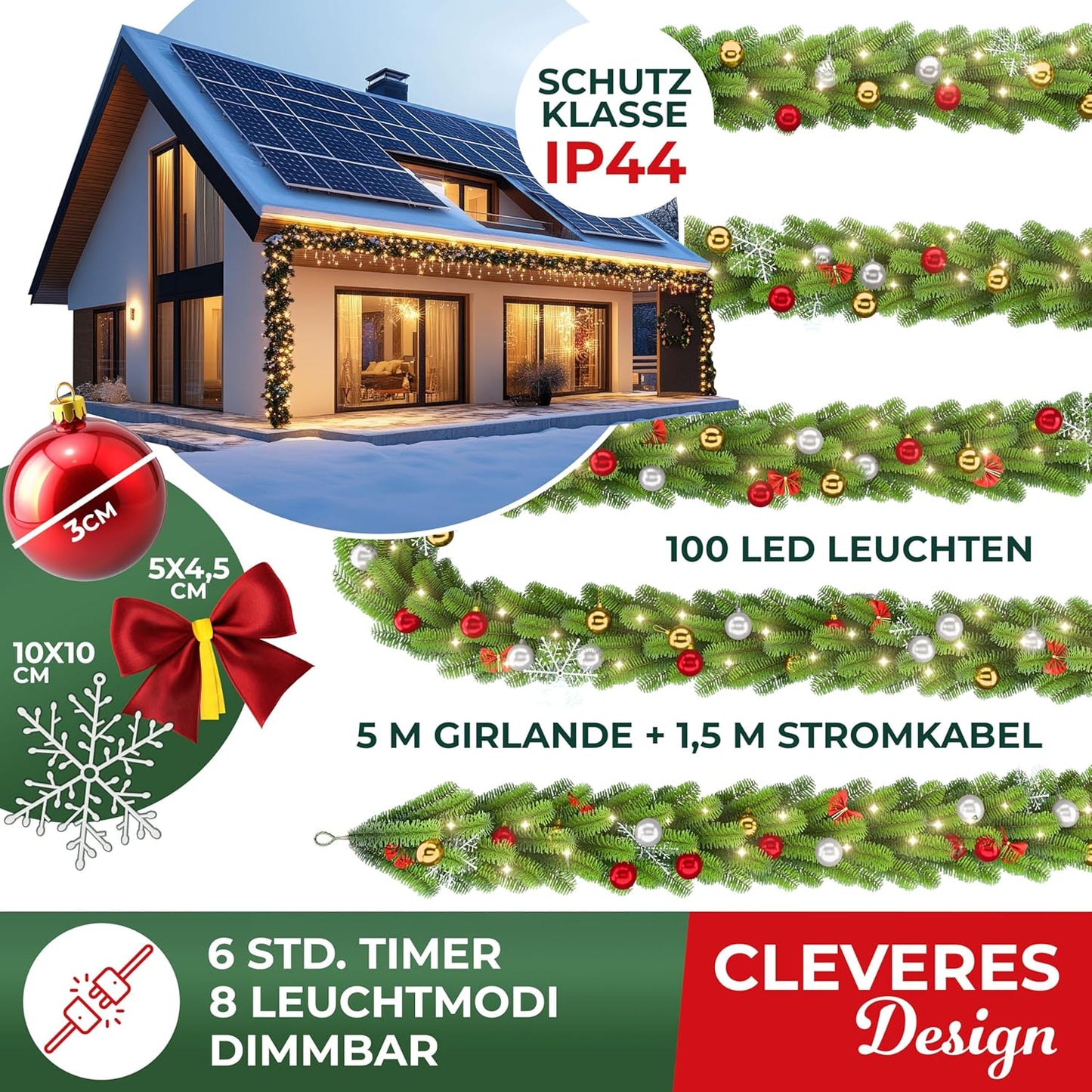 Weihnachtsgirlande mit 100 LED Lichtern & Timer, 5m / 100 LEDs Naturgrün + Deko