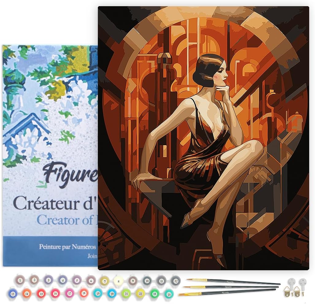 Malen nach Zahlen Set - Art Deco Frau, Sitzende Art-Deco-Frau 40x50cm Mit Rahmen (bereits gespannt)