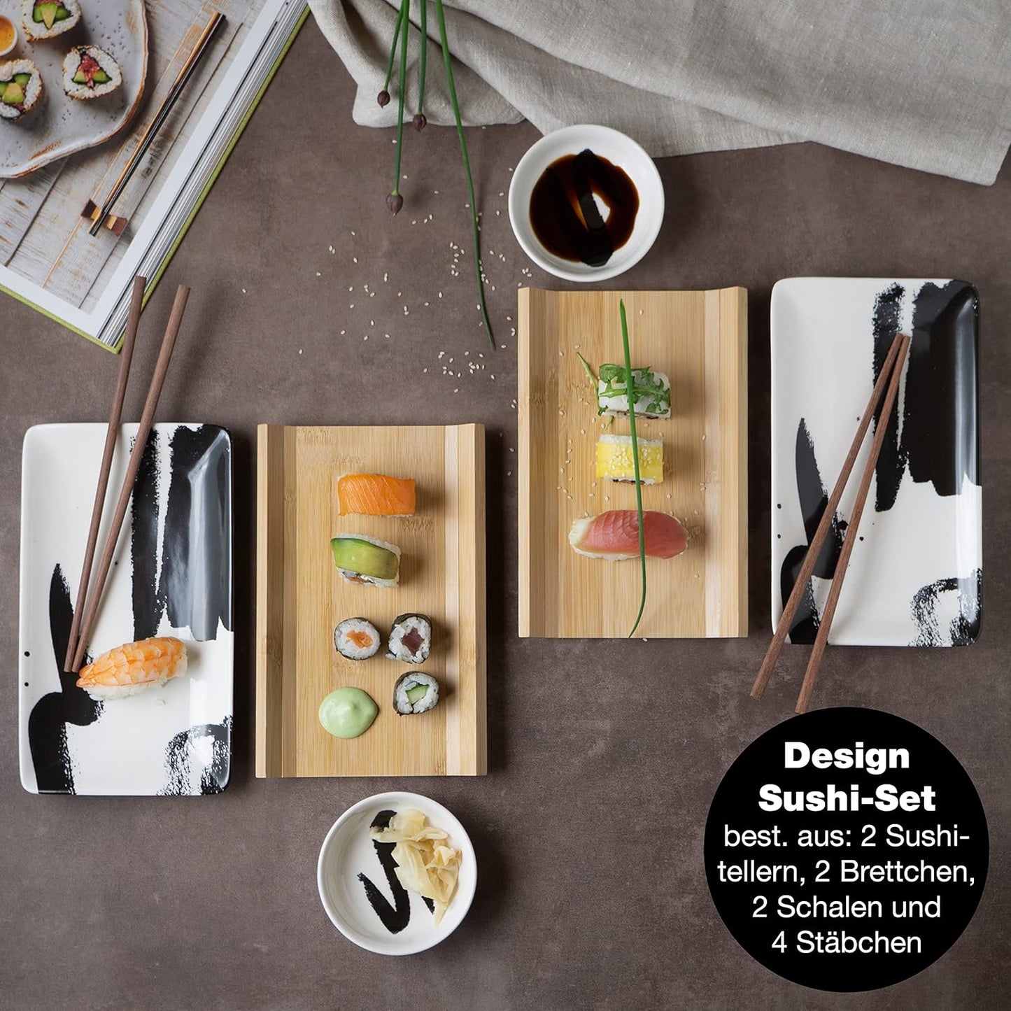 8-tlg. Sushi-Geschirr-Set, Pinselstriche Schwarz