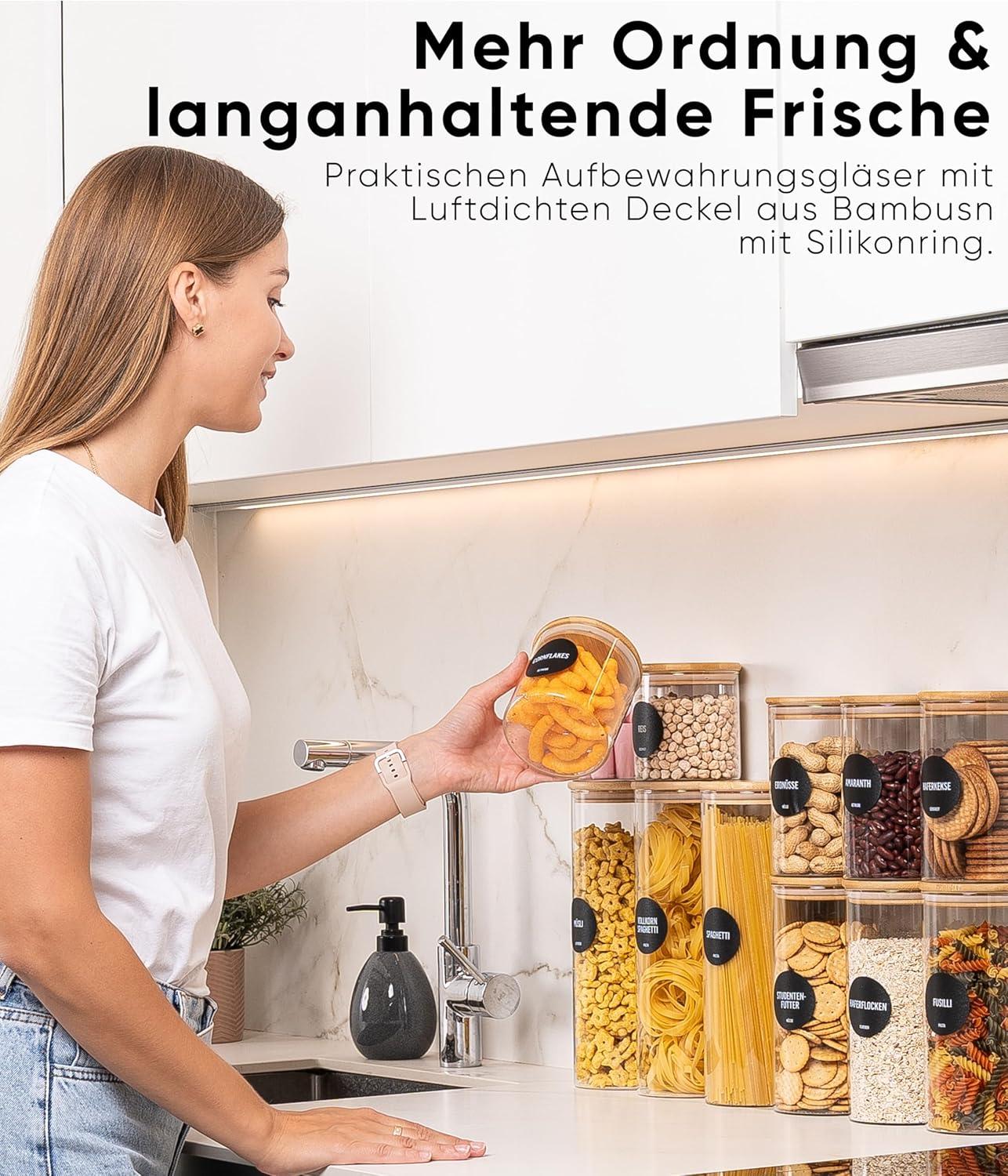 Vorratsgläser-Set mit Deckel, 6 Stk., 3 Grössen, Rund