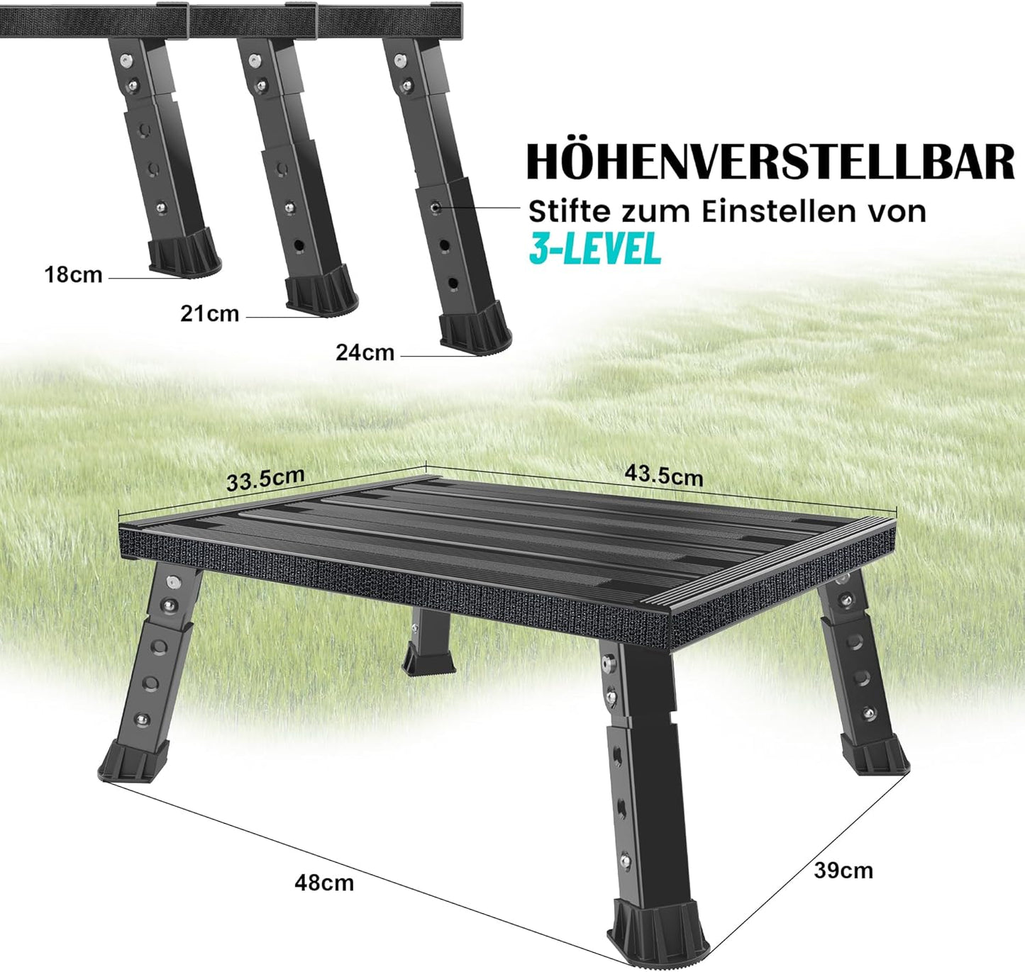 Klappbarer Hocker Höhenverstellbar mit Anti-Rutsch 350 kg, Mit Teppichbezügen / Schwarz