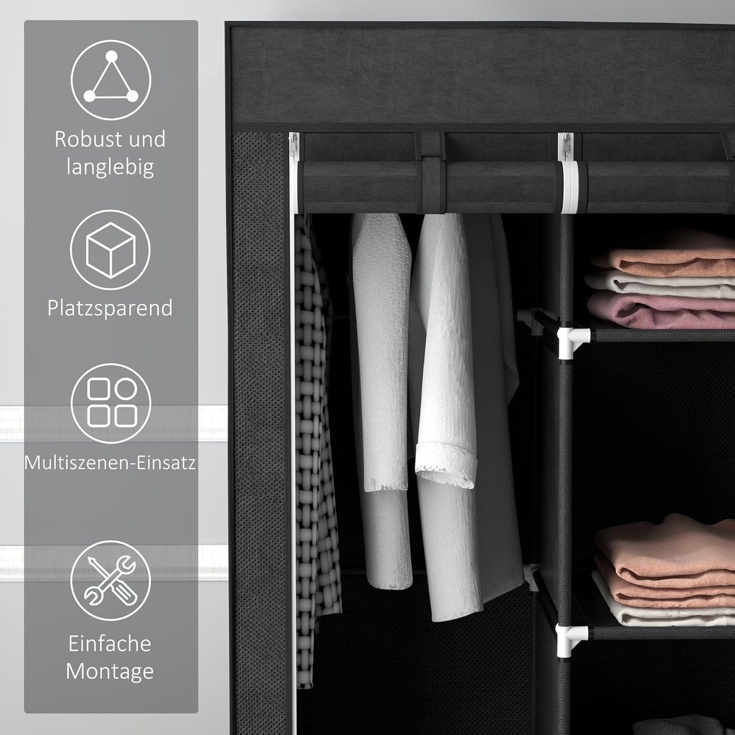 Faltschrank mit Kleiderstange und Schubladen, Schwarz
