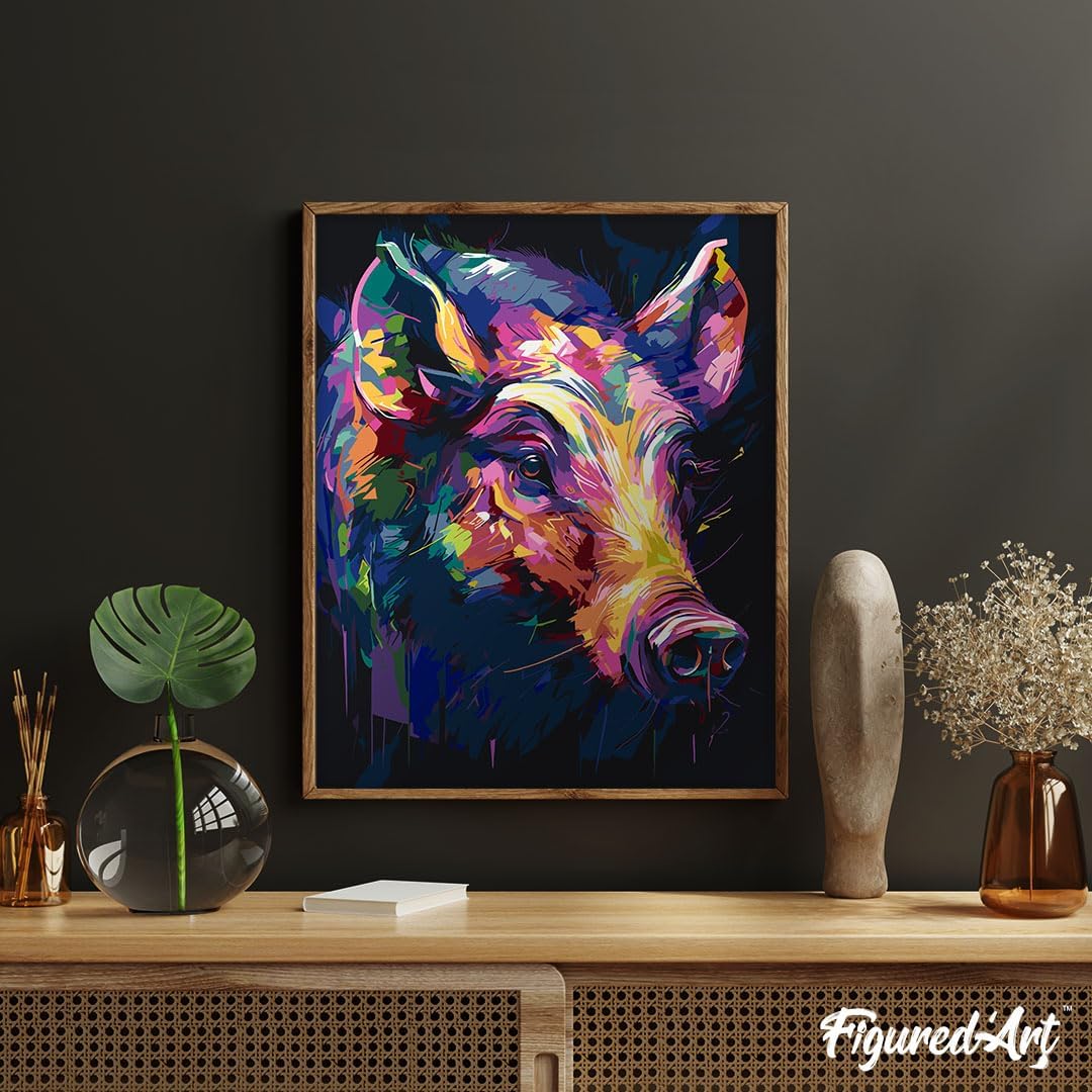 Malen nach Zahlen Set mit Rahmen (Wildschwein), Wildschwein Farbenfroh Abstrakt 40x50cm Mit Rahmen (bereits gespannt)