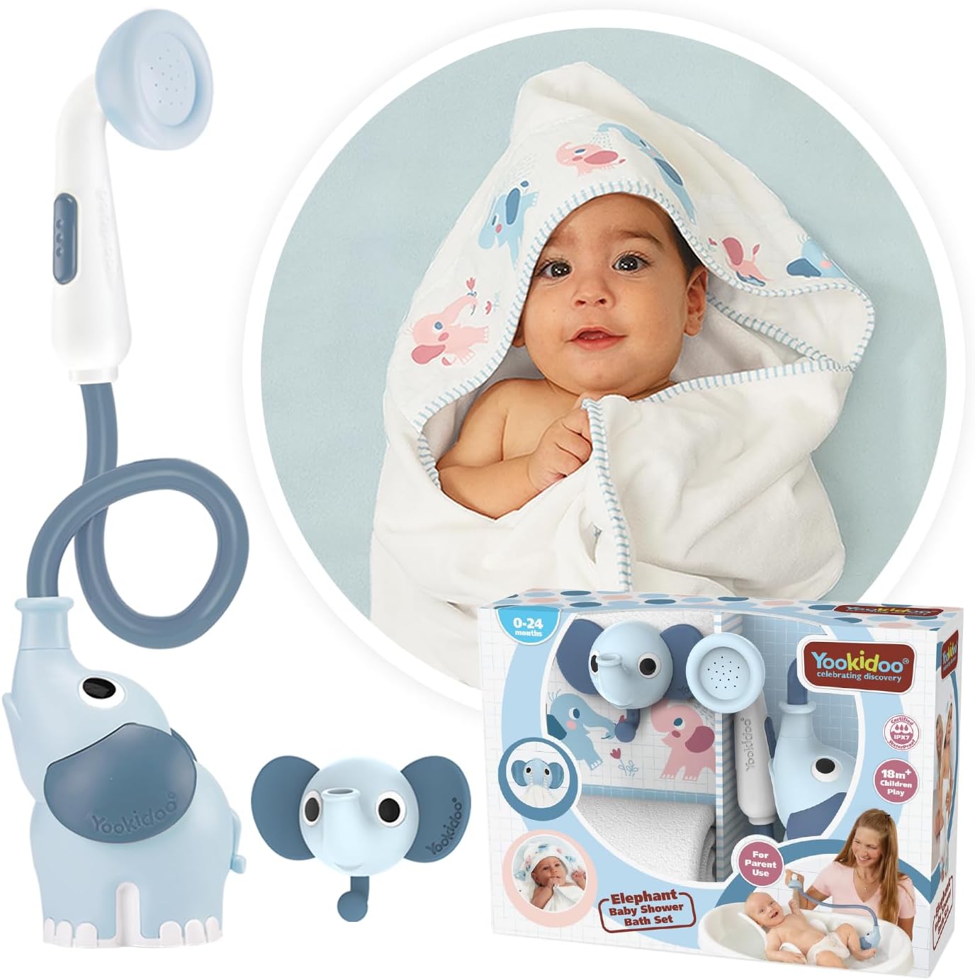 Duschkopf für Baby-Badewanne im Elefanten-Design, Hellblau