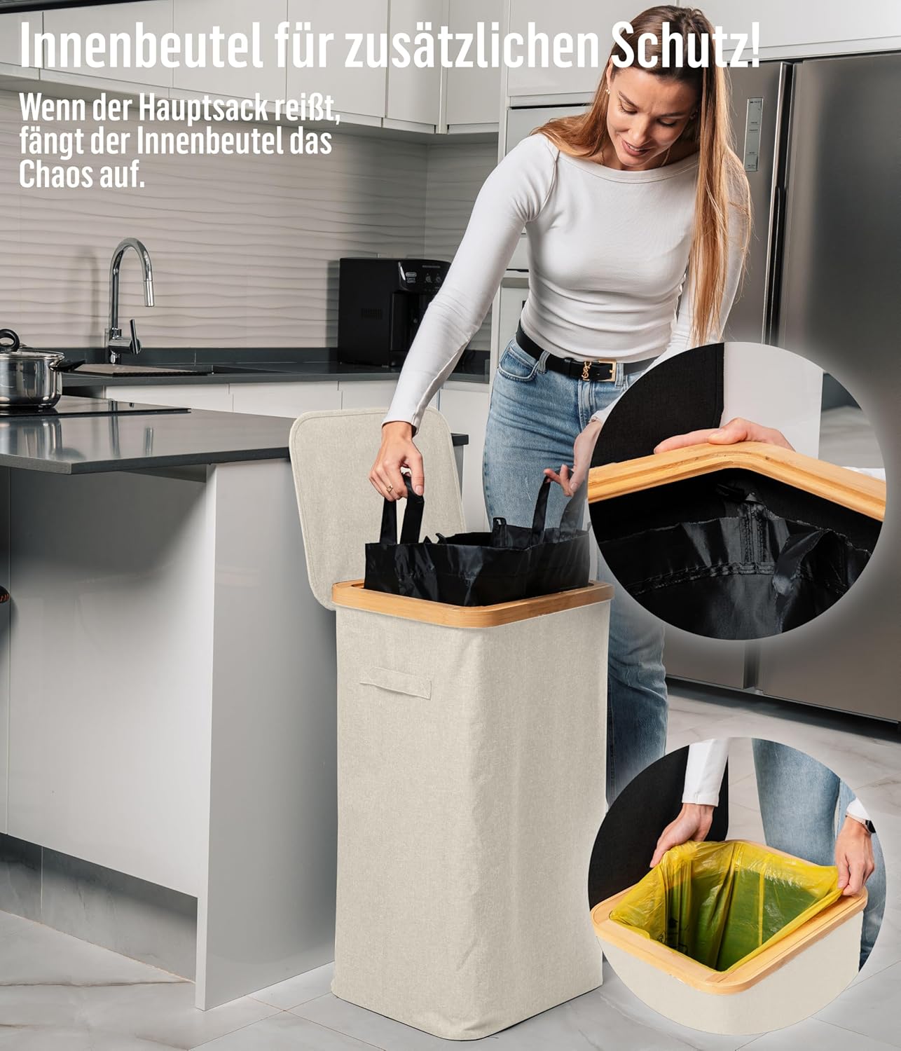 Müllsackständer mit Bambusrahmen, 90L - Beige
