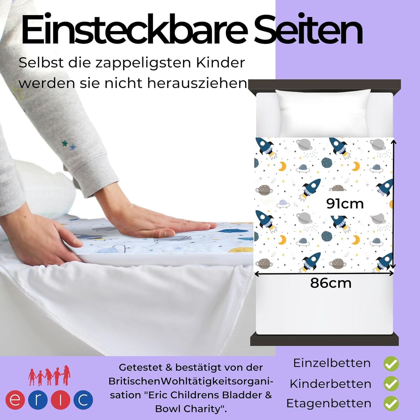 Wasserdichte Bettunterlage für Kinderbetten, Weltraum - Klein (Bis 90cm Breite) 1er-Pack