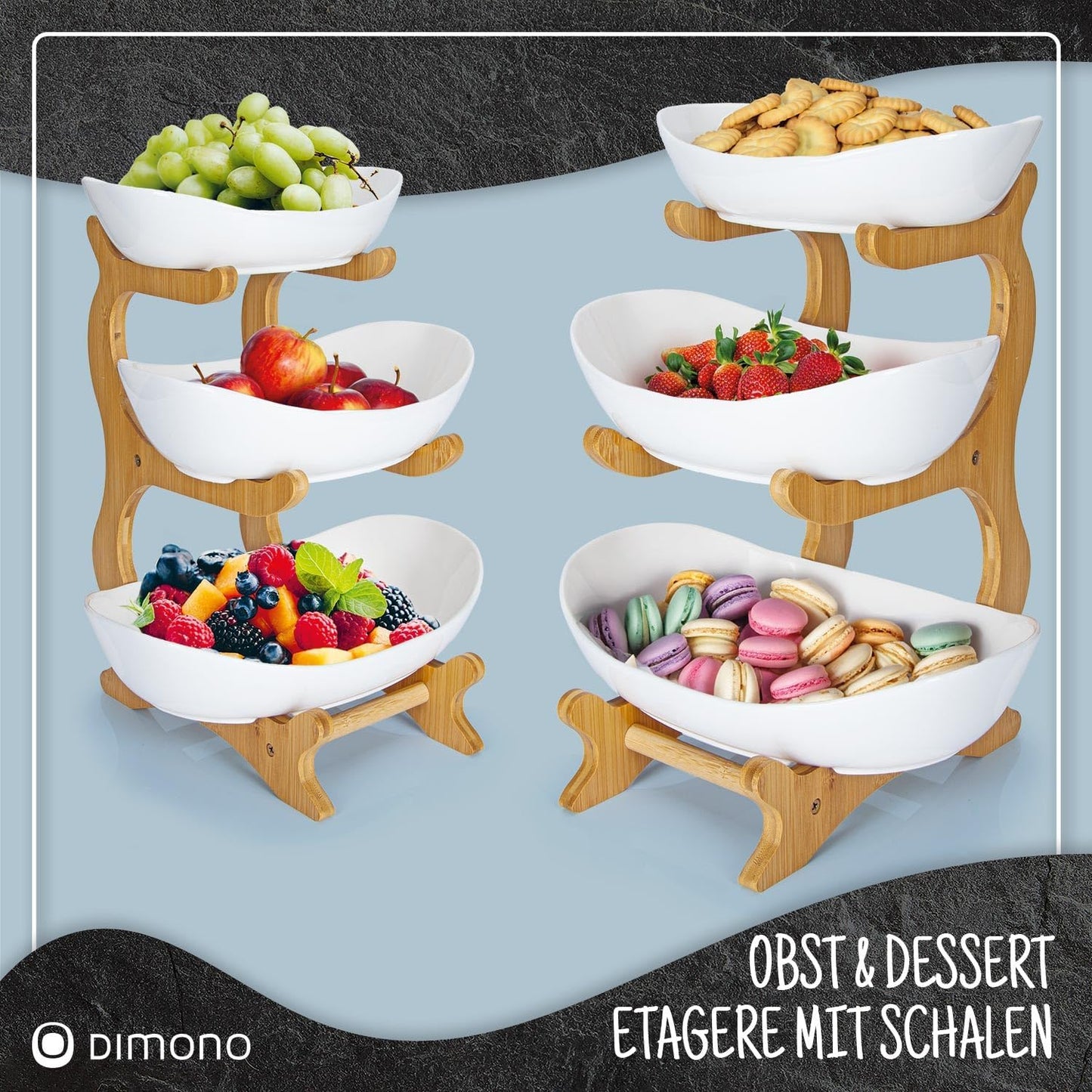3-stufige Etagere mit Bambusgestell, Keramik