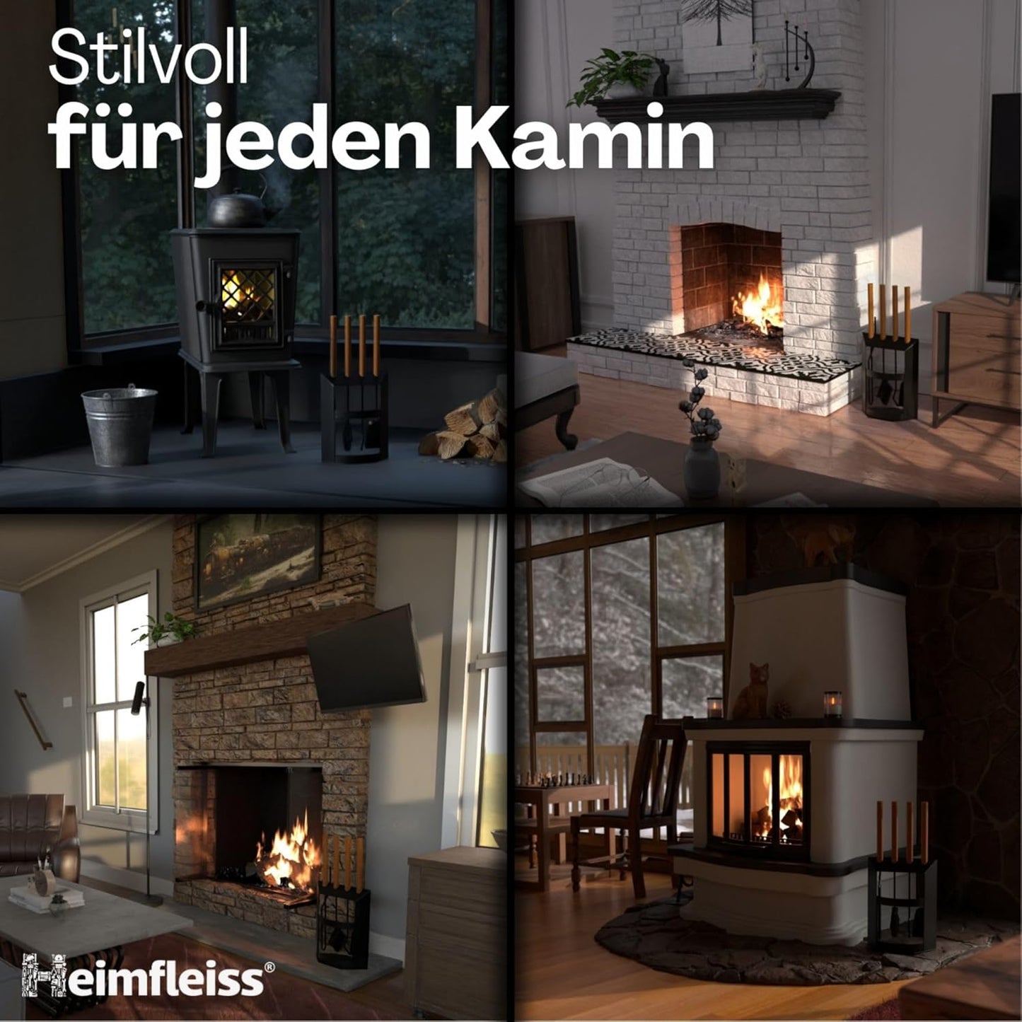 Kaminbesteck-Set mit Holzgriffen, Schwarz mit Holzgriffen - Design 40
