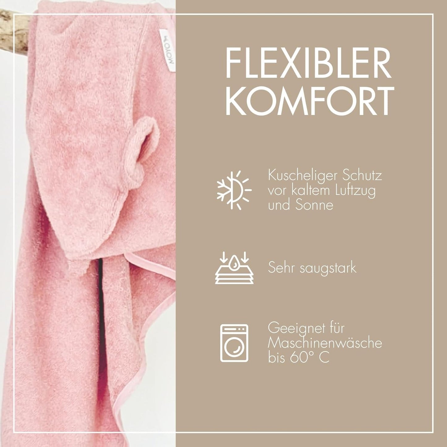 Kapuzenhandtuch mit Ohren, Rose Kapuze mit Ohren