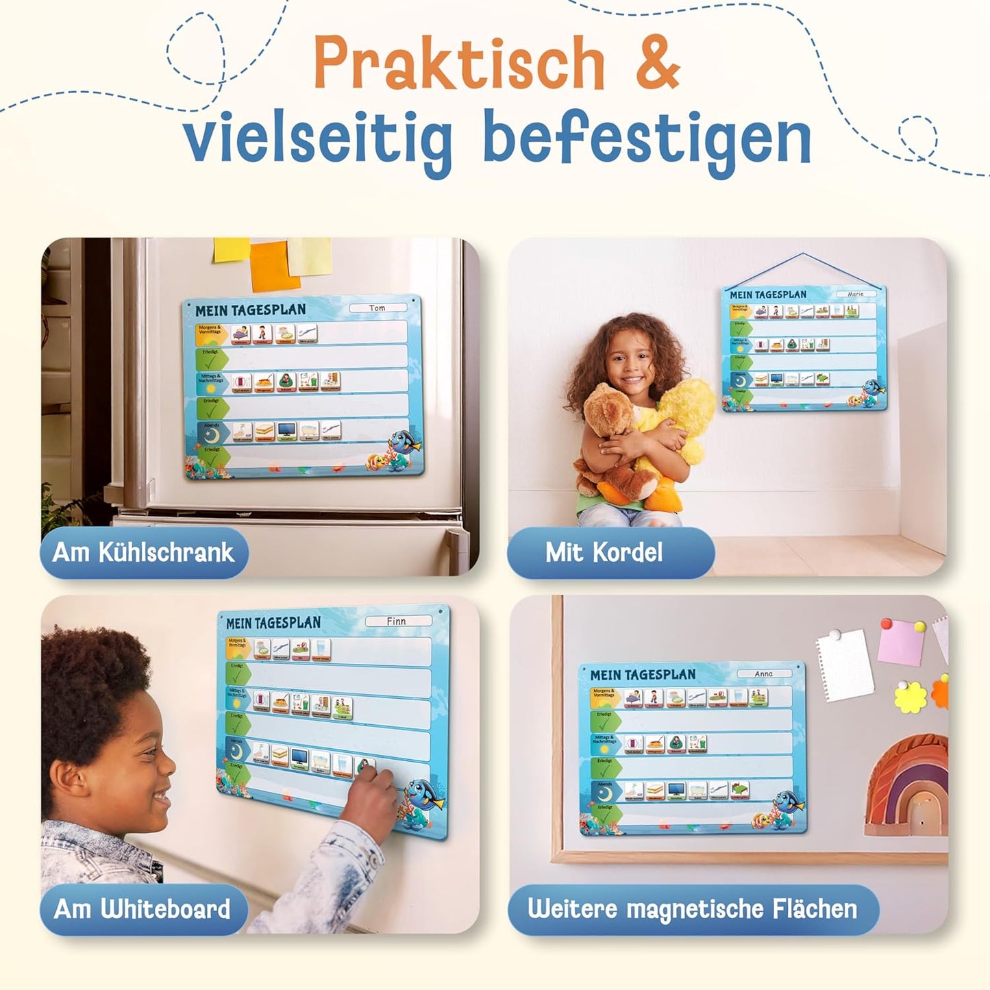 Montessori Tagesplaner und Magnettafel Kinder, Blau Tagesplan