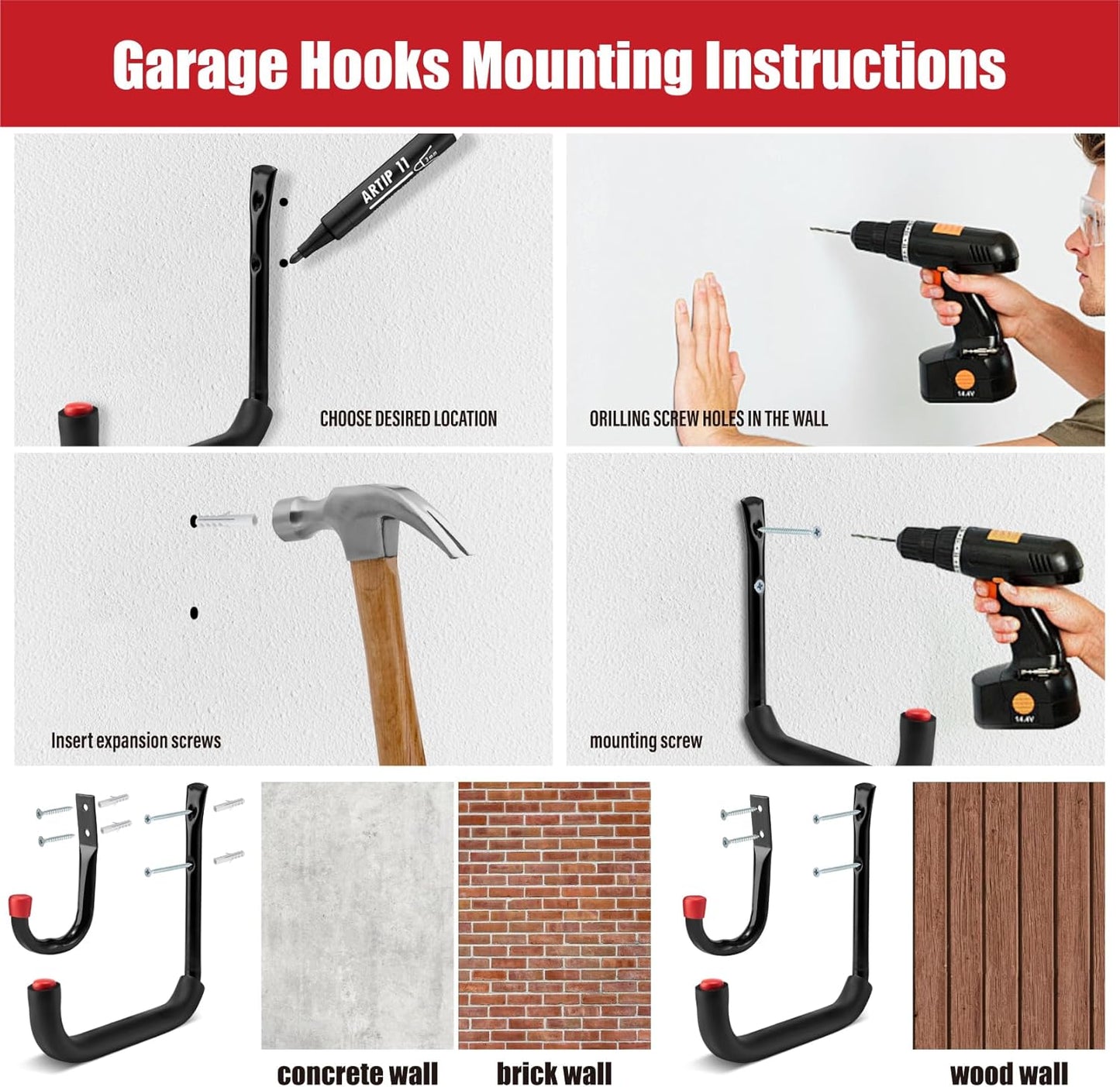 12er-Set Garage-Wandhaken, 6Stück - 9.8 "(25 x 23 cm)+6Stück - 3.5 "(12 x 8.9cm）