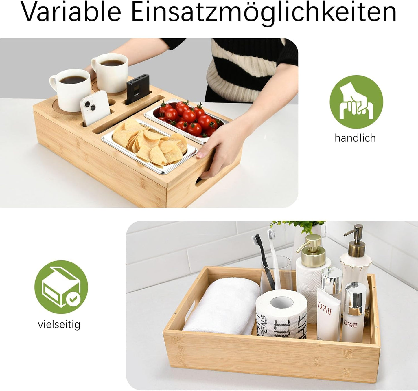 Bambus Sofatablett & Organizer mit Edelstahl-Schalen