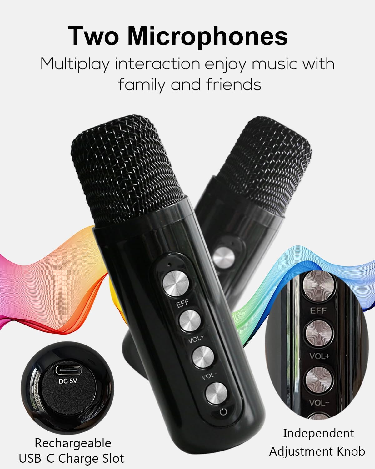 Karaoke-Maschine mit 2 drahtlosen Mikrofonen, Black