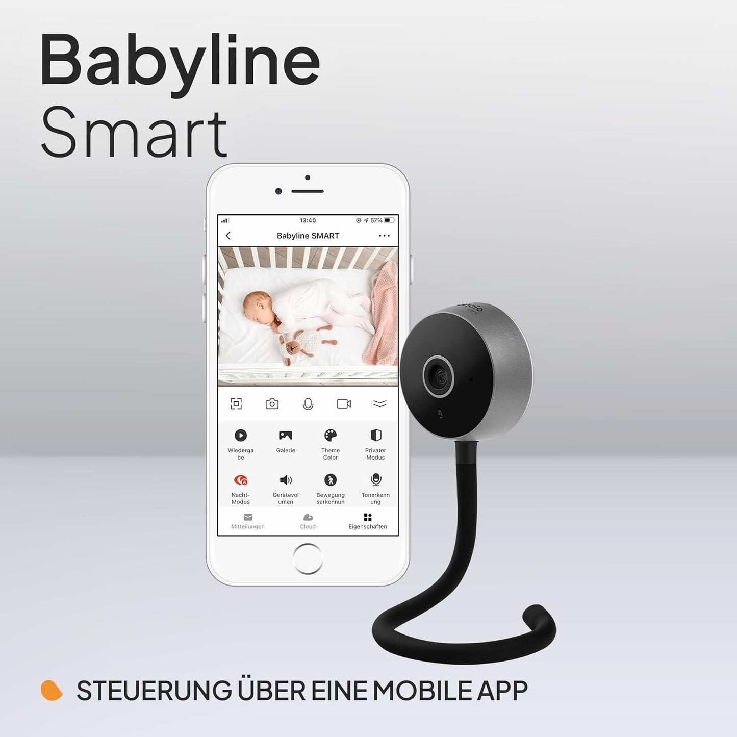 Care Babyline Smart mit Kamera, Nachtsicht, Bewegungs- und Geräuscherkennung, Schwarz