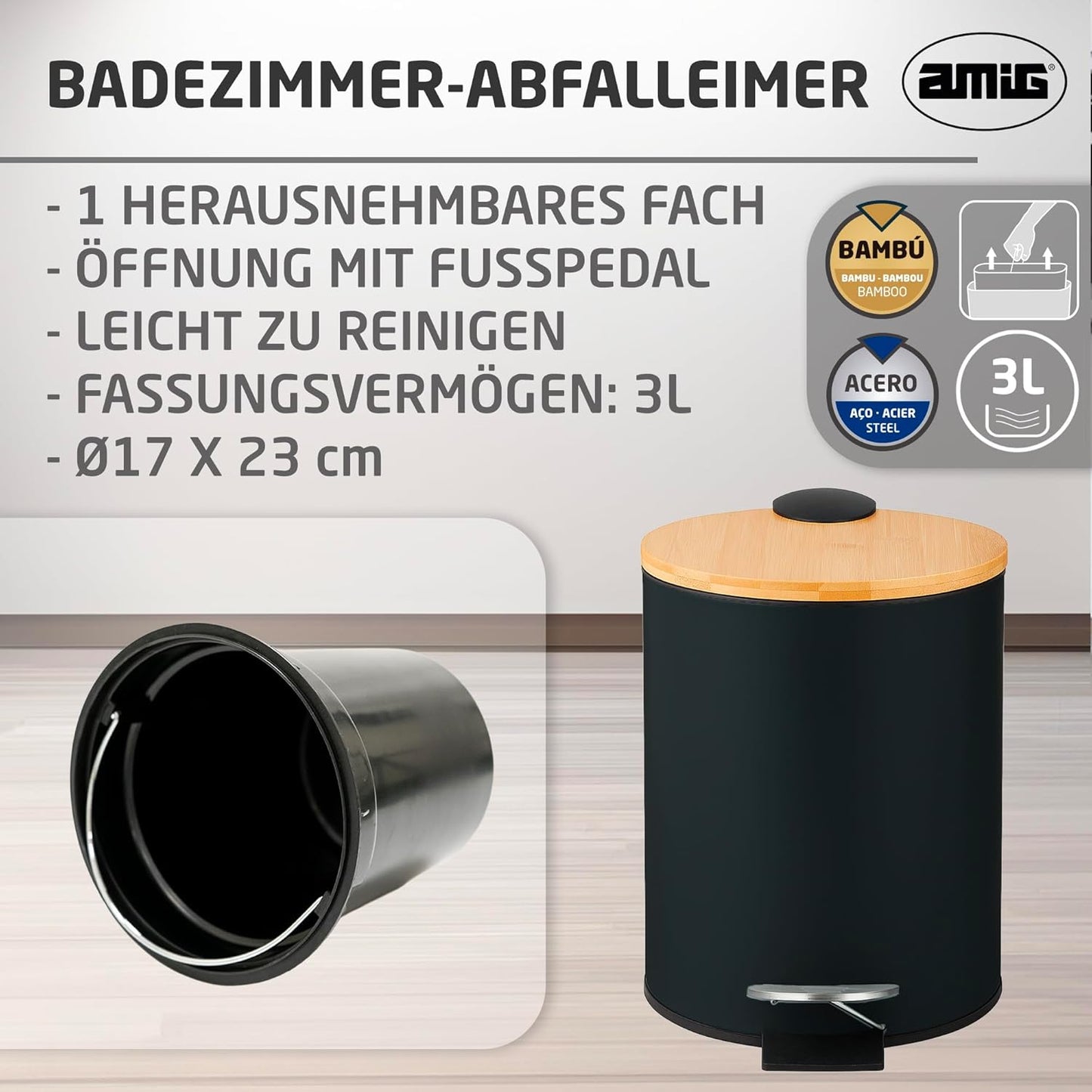 Kosmetikeimer mit Pedal, Schwarz