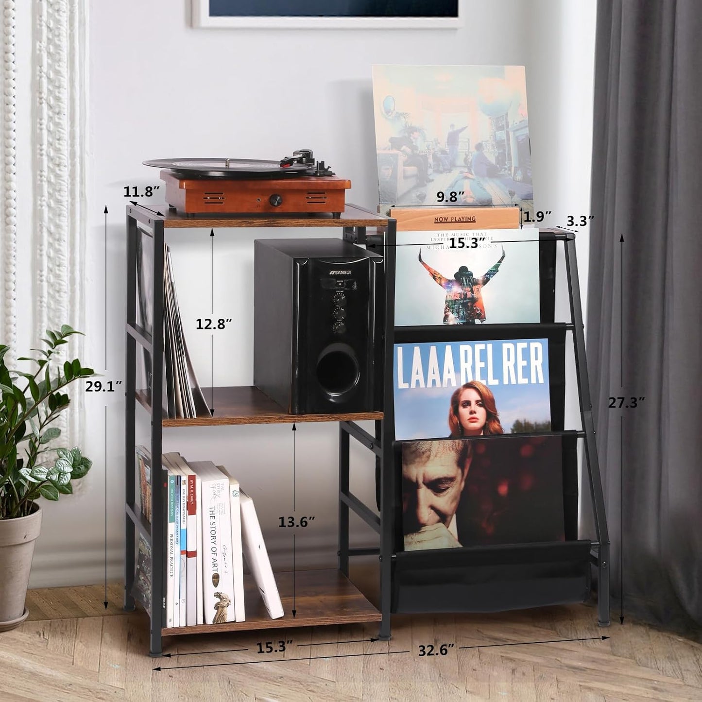 Plattenspieler-Tisch mit Vinyl-Aufbewahrung, Rustikales Braun+schwarz