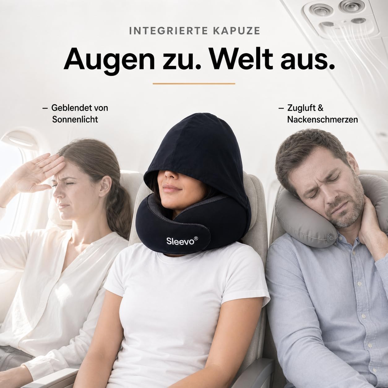Nackenkissen mit Kapuze & Memory Foam für Reisen, Schwarz L