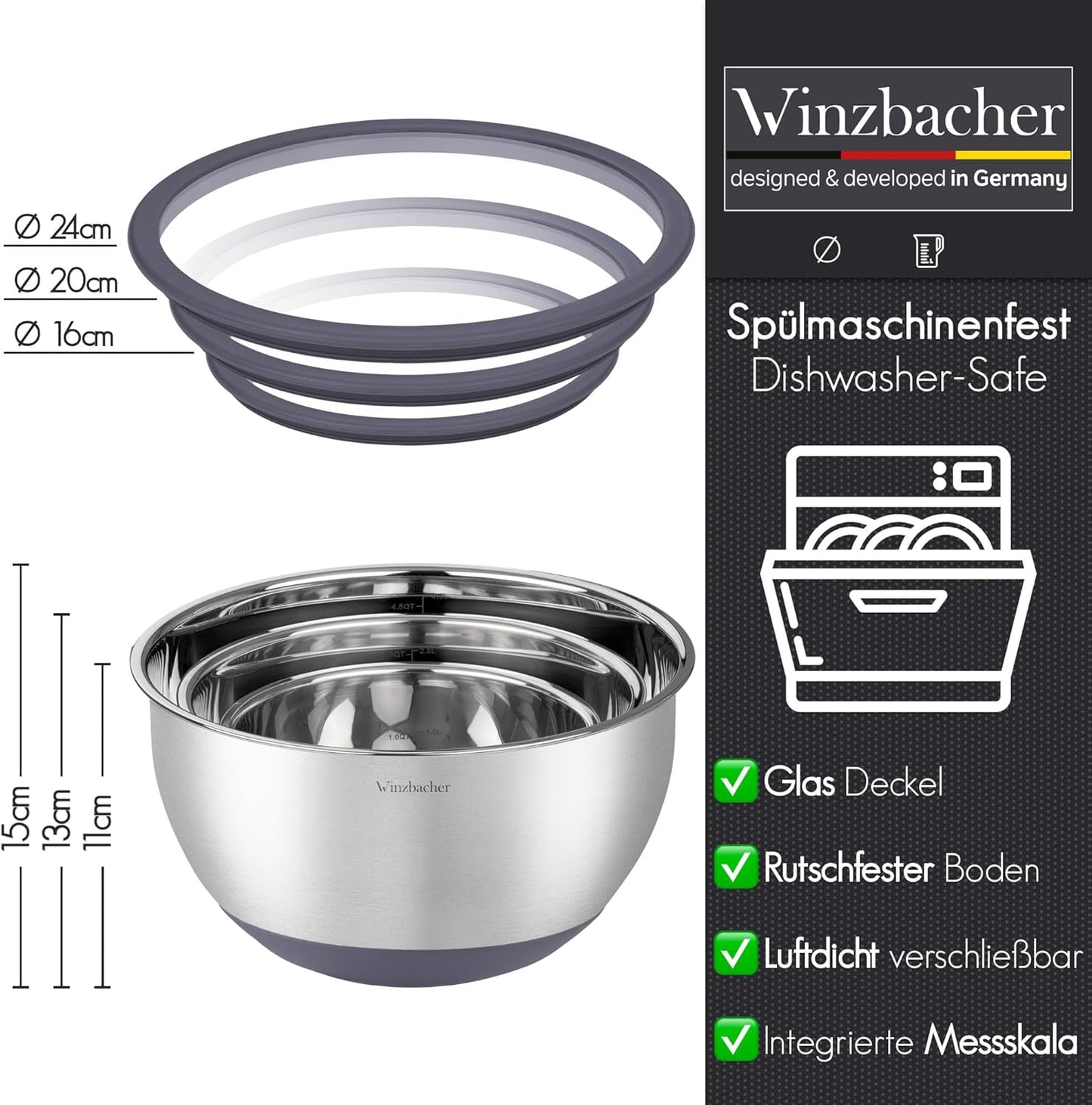 Edelstahl Schüsselset mit Glasdeckel (3-teilig)
