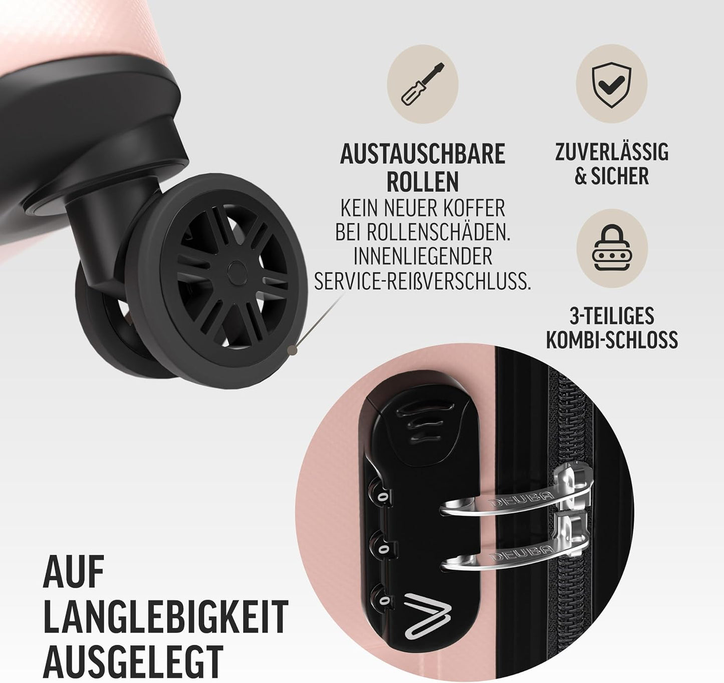 3-teiliges Reise-Kofferset mit 360° Rollen, Pastell-rosa