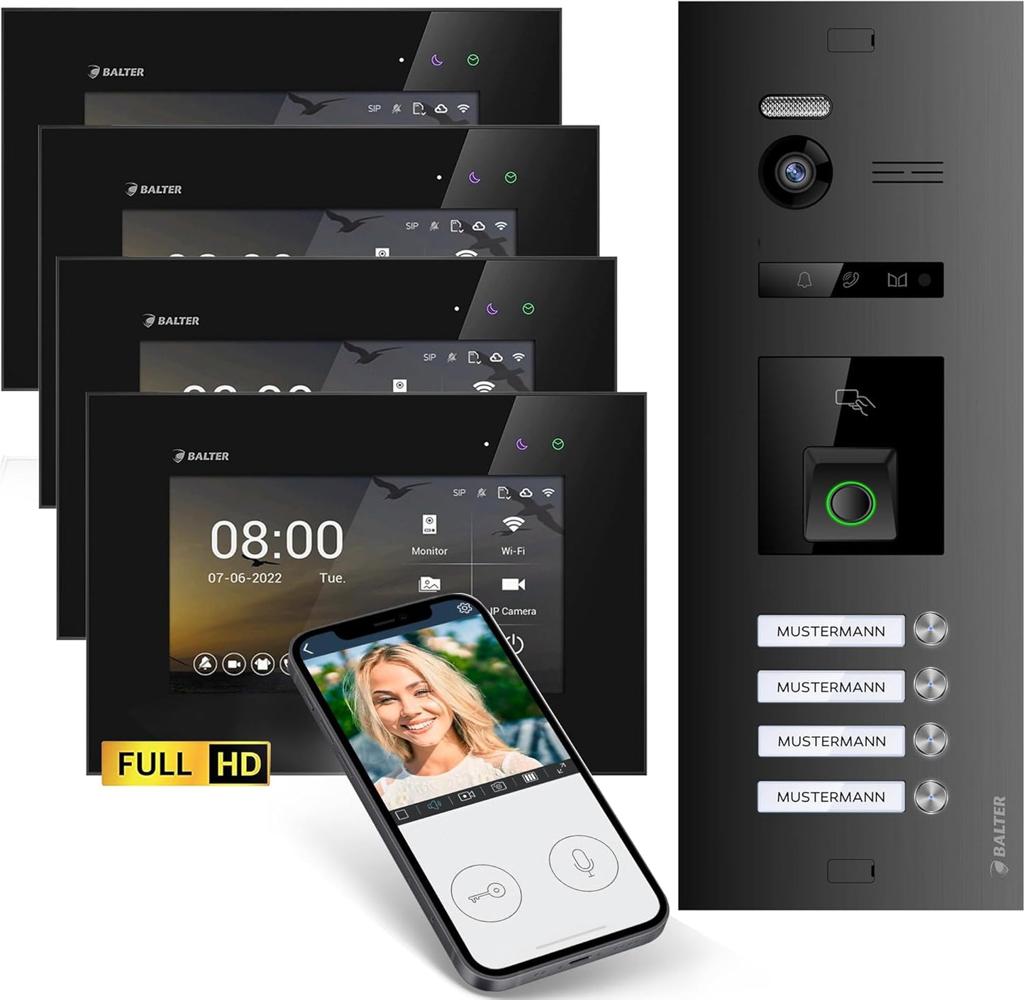 EVO-HD Video-Türsprechanlage mit Fingerprint für 4-Familienhaus, 4 Monitore, Mit App; C. Schwarz/Schwarz