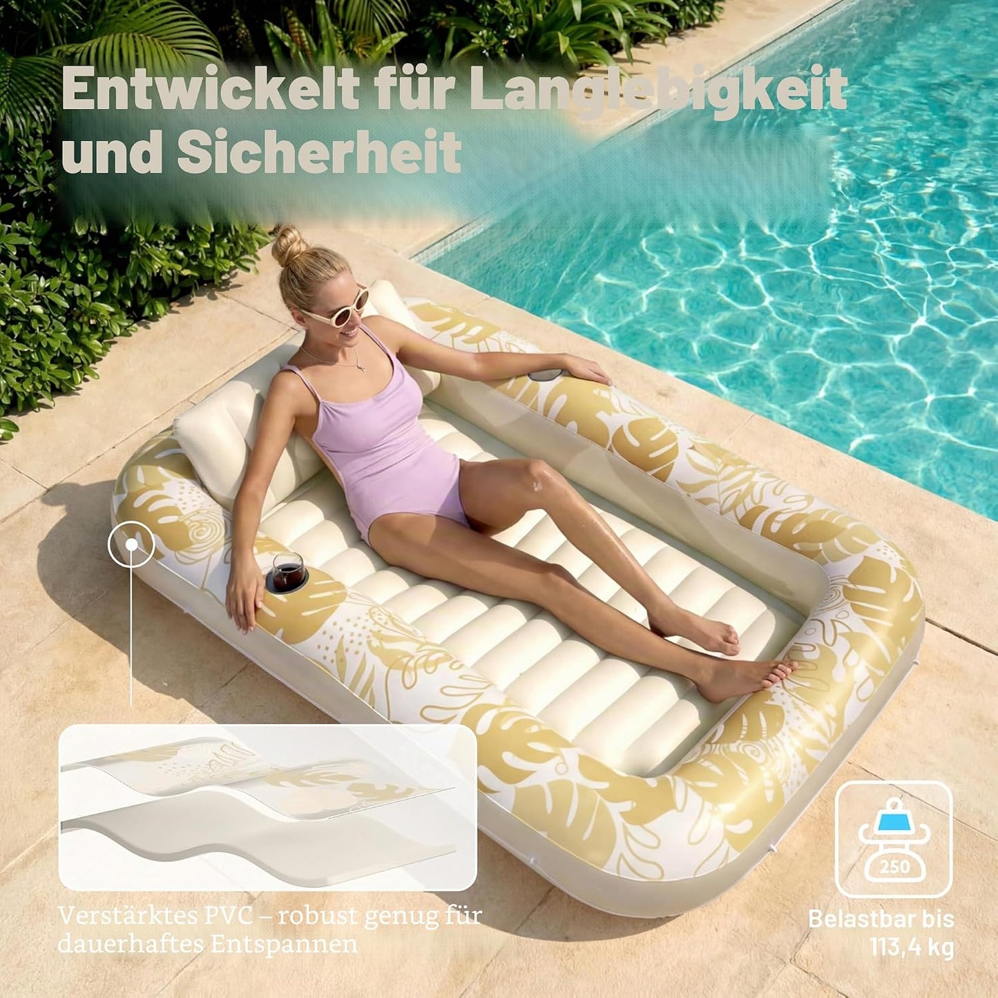 Aufblasbarer 4-in-1 Sonnenliegepool mit Kissen und Getränkehalter, Gold Weiss L