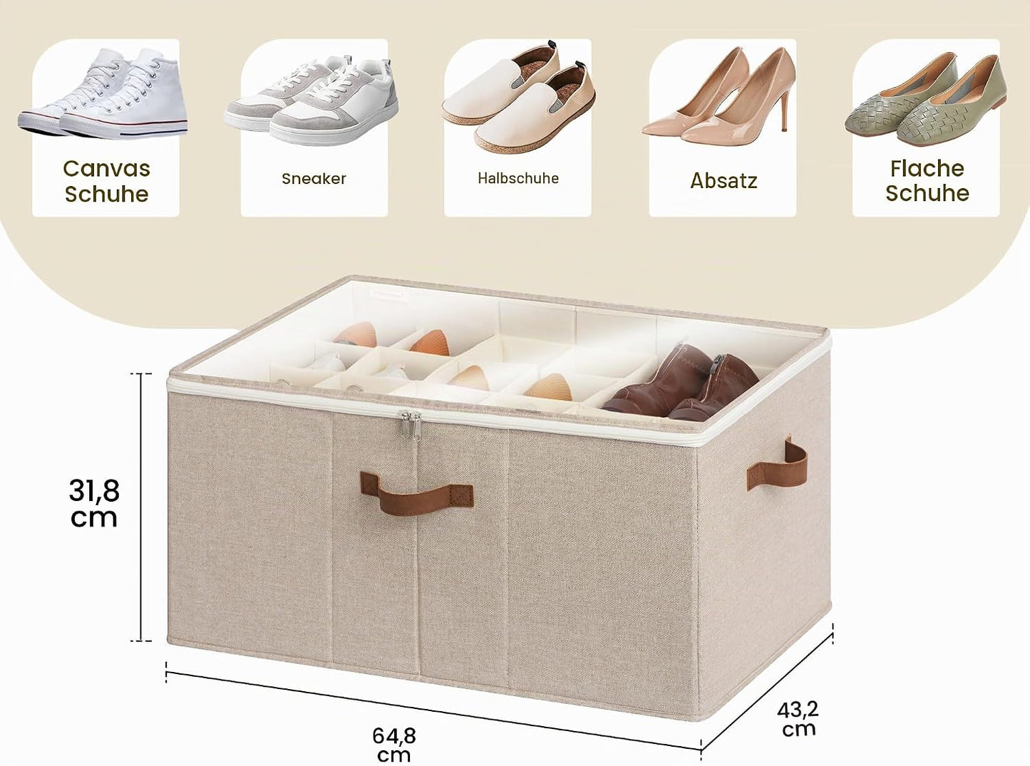 Faltbarer Schuh Organizer für Schrank (bis zu 24 Paar), Hellbraun 64 x 43 x 32 cm