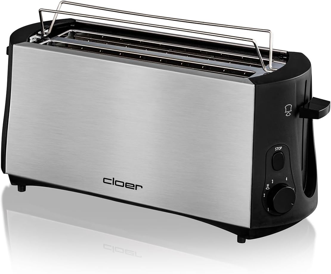 Langschlitztoaster für 4 Scheiben mit Brötchenaufsatz, Edelstahlgehäuse 4 Scheiben Langschlitz Single