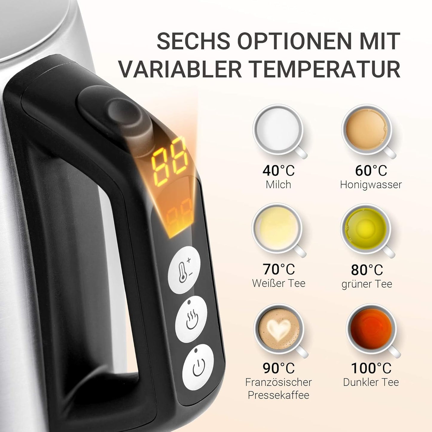 Wasserkocher mit Temperatureinstellung, 1.7L Edelstahl-silber