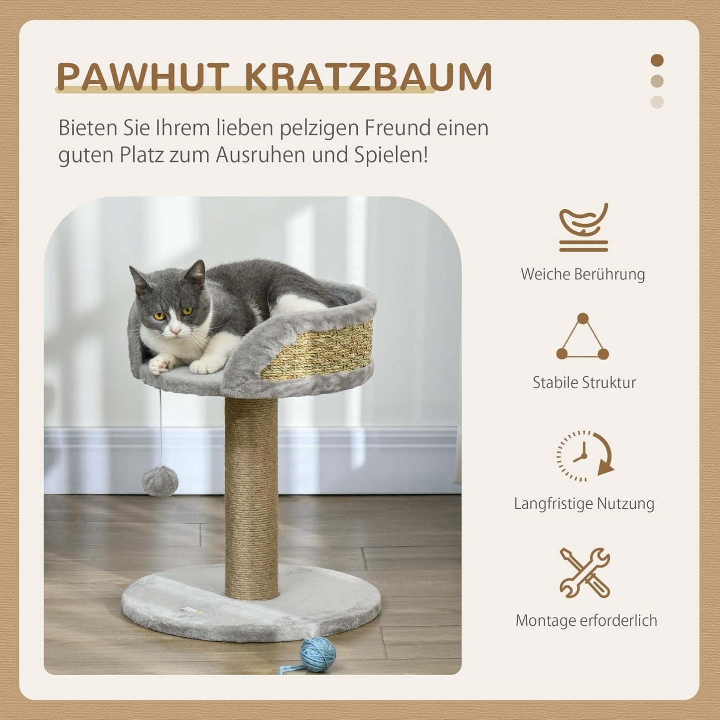Katzenturm mit Spielball und Sisalstamm, Grau