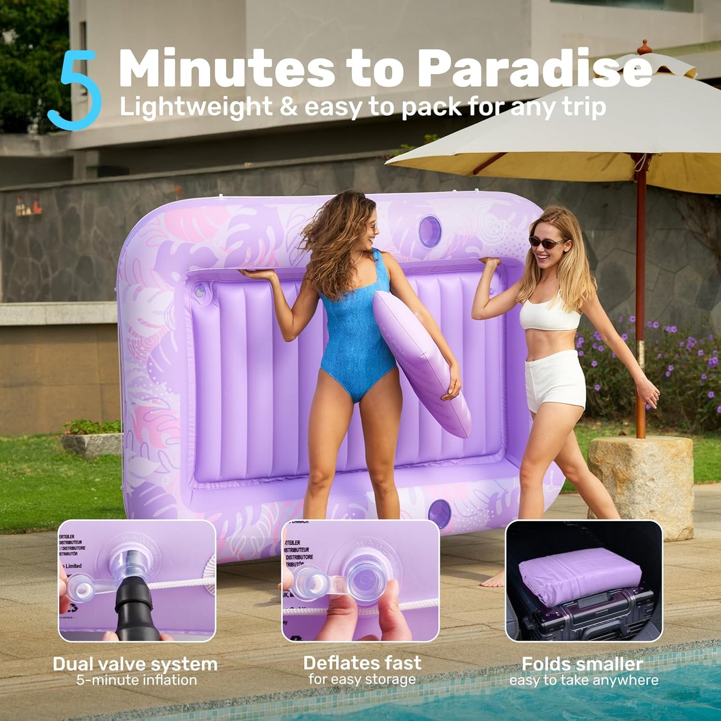 Aufblasbarer 4-in-1 Sonnenliegepool mit Kissen und Getränkehalter, Lila Tropen XL