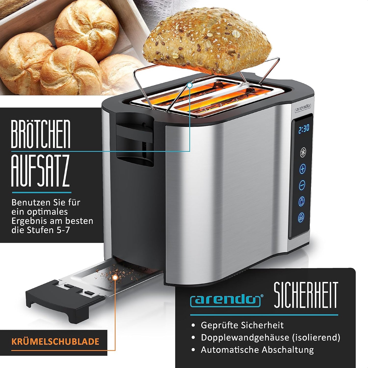 Touch Toaster mit Brötchenaufsatz und Display, B: Silber