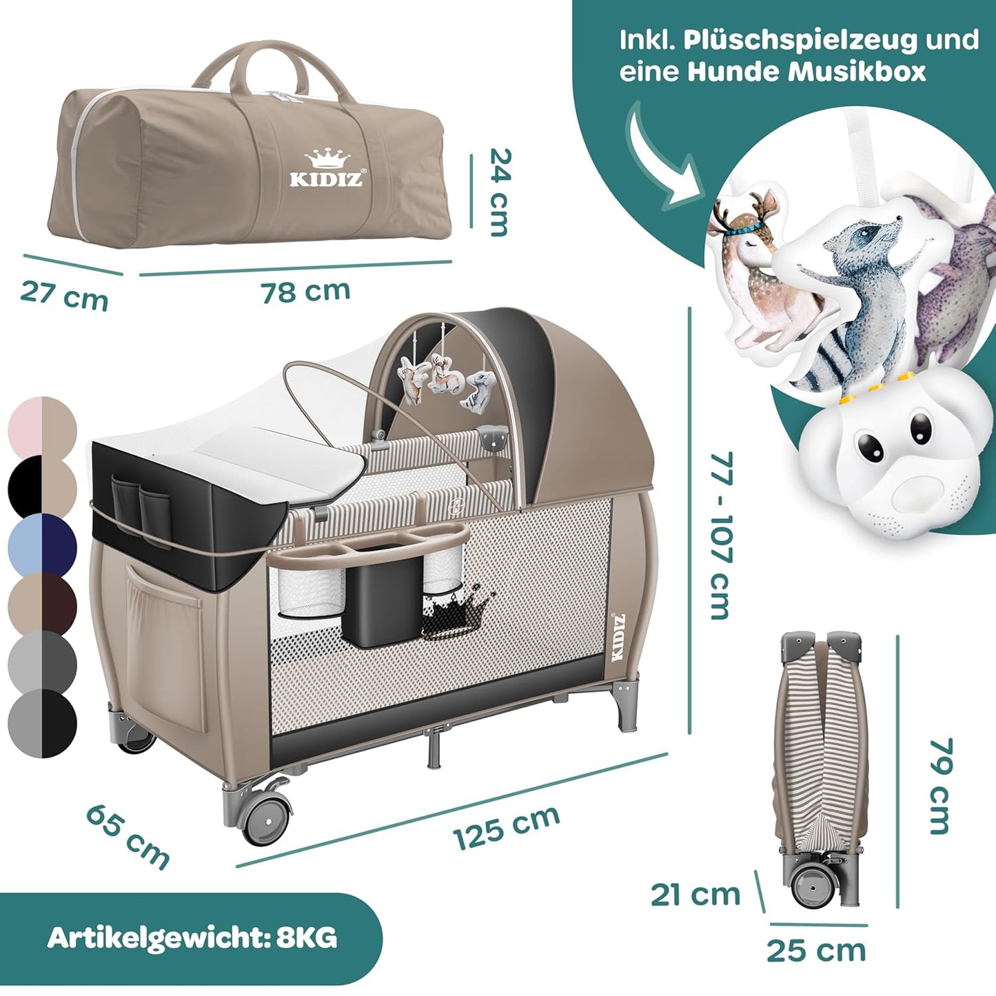 Klappbares Reisebett mit Matratze & Zubehör, Schwarz / Beige