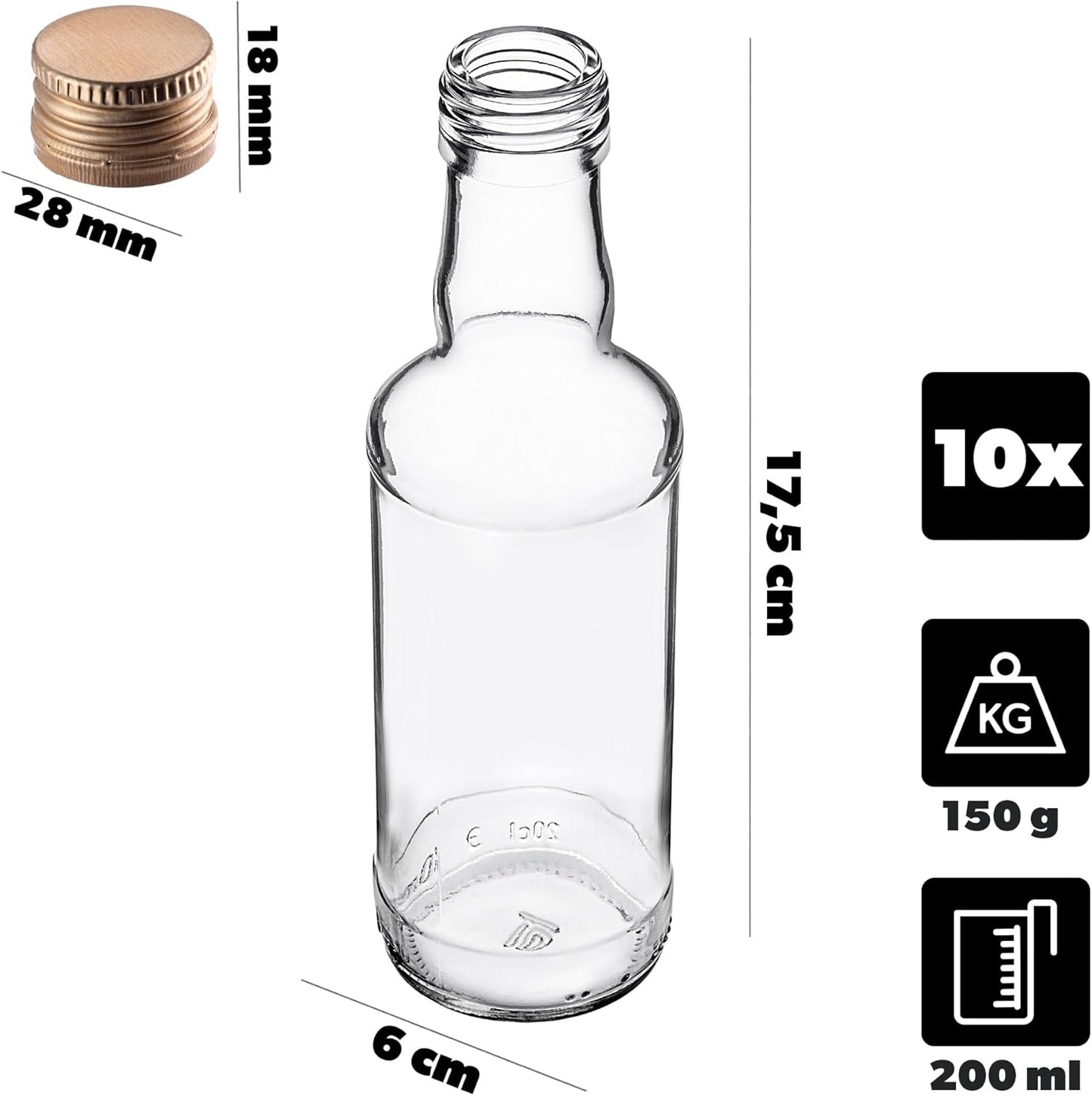 Glasflaschen-Set mit Schraubverschluss, Gold 200 ml, 10 pieces