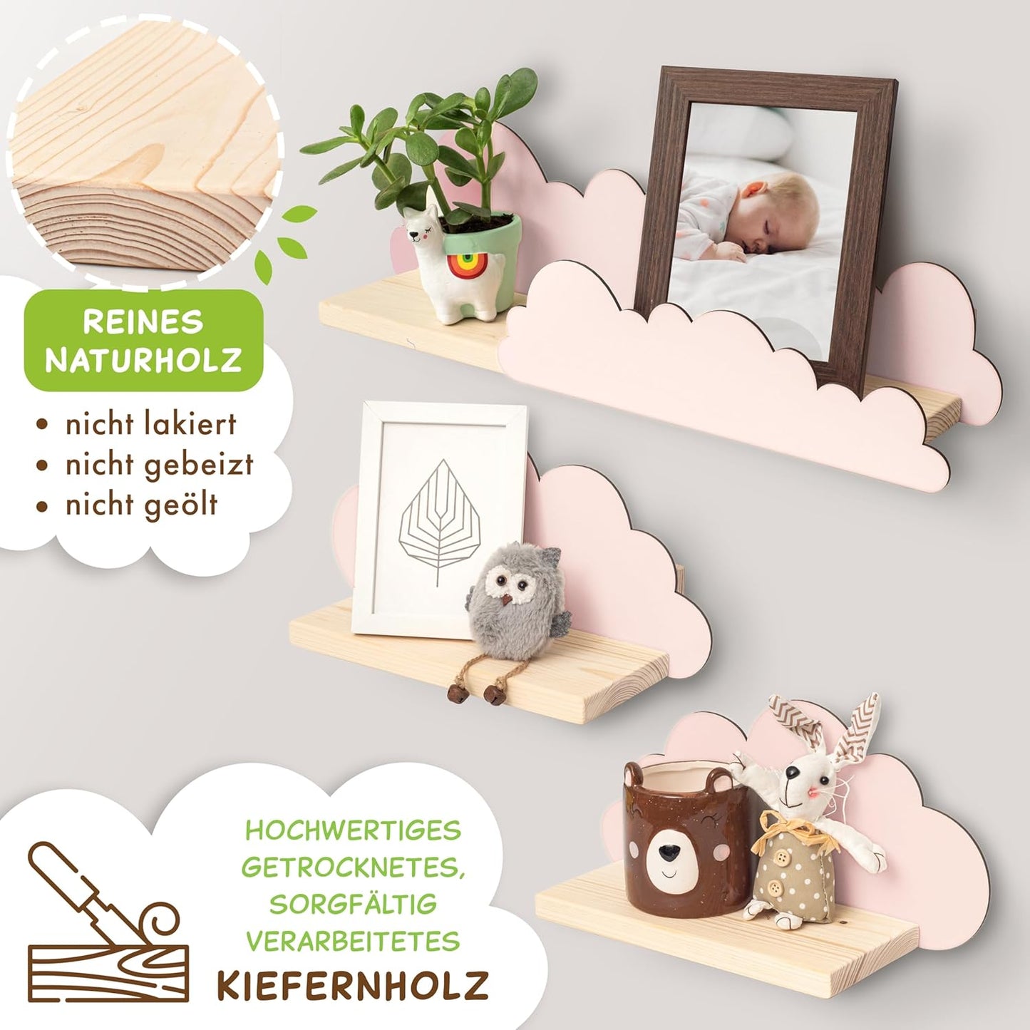 Holz Wandregal-Set für Kinderzimmer (3-teilig), Rosa