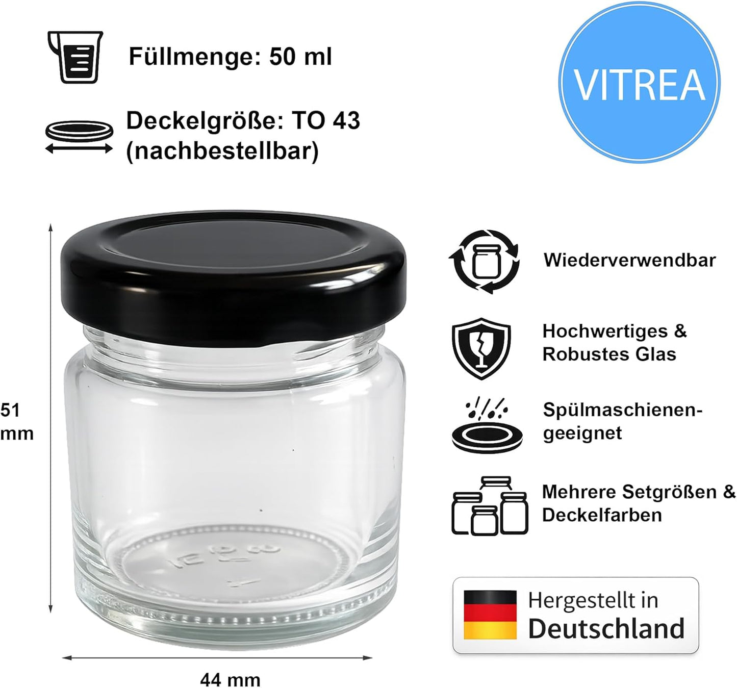 Mini Marmeladengläser mit Schraubdeckel (25 Stück, 50 ml), 50 ml 25